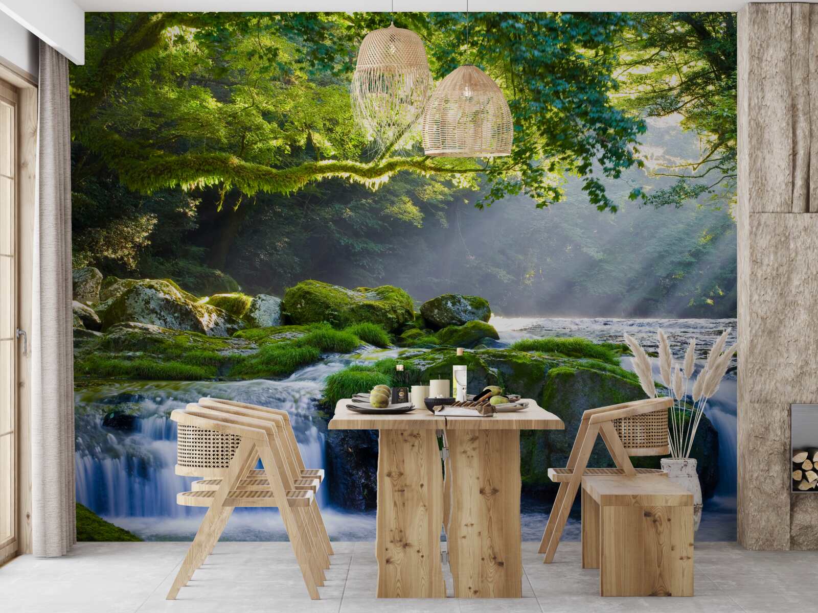 Фотошпалери промені сонця досягають лісового водоспаду