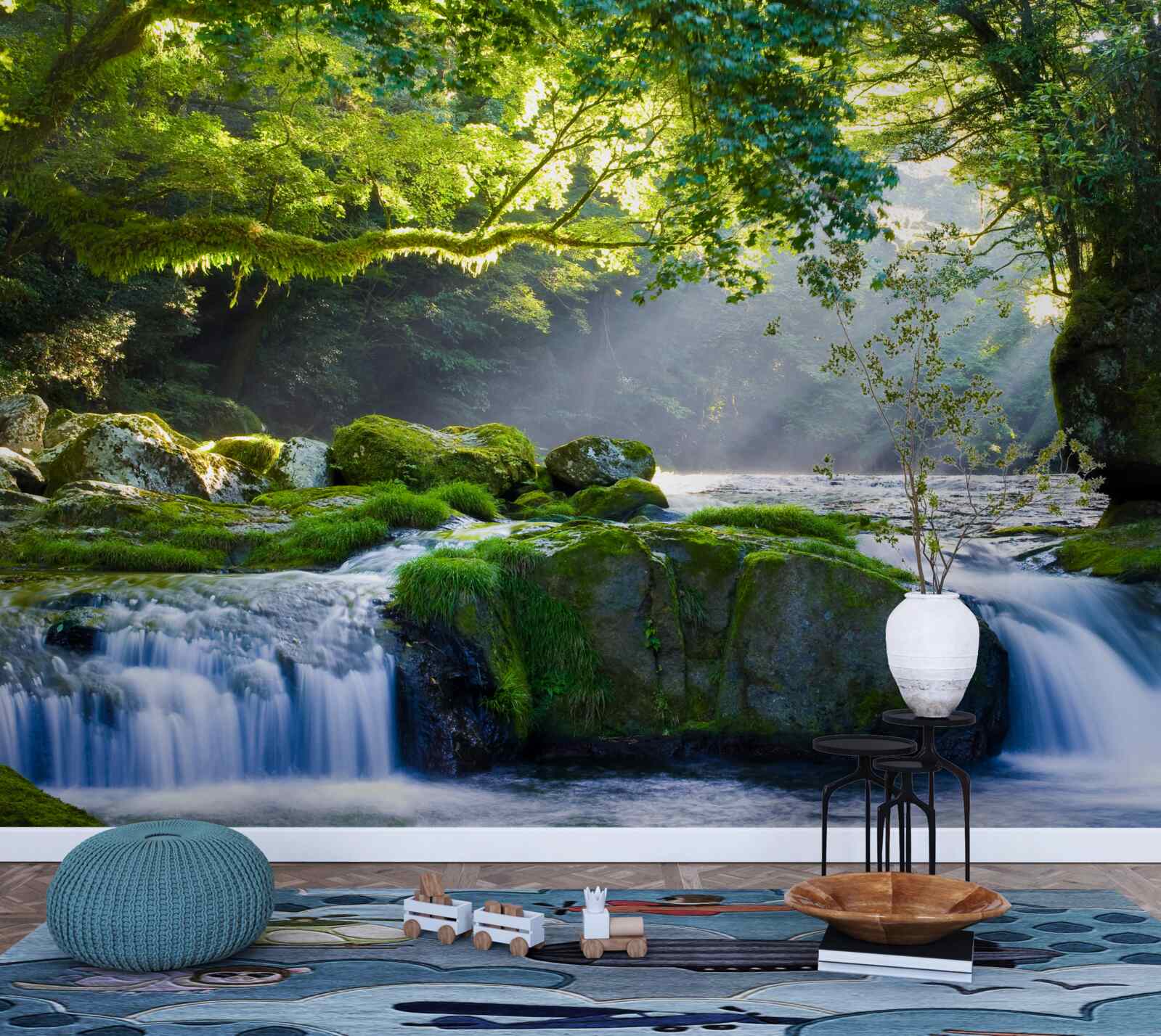 Фотошпалери промені сонця досягають лісового водоспаду