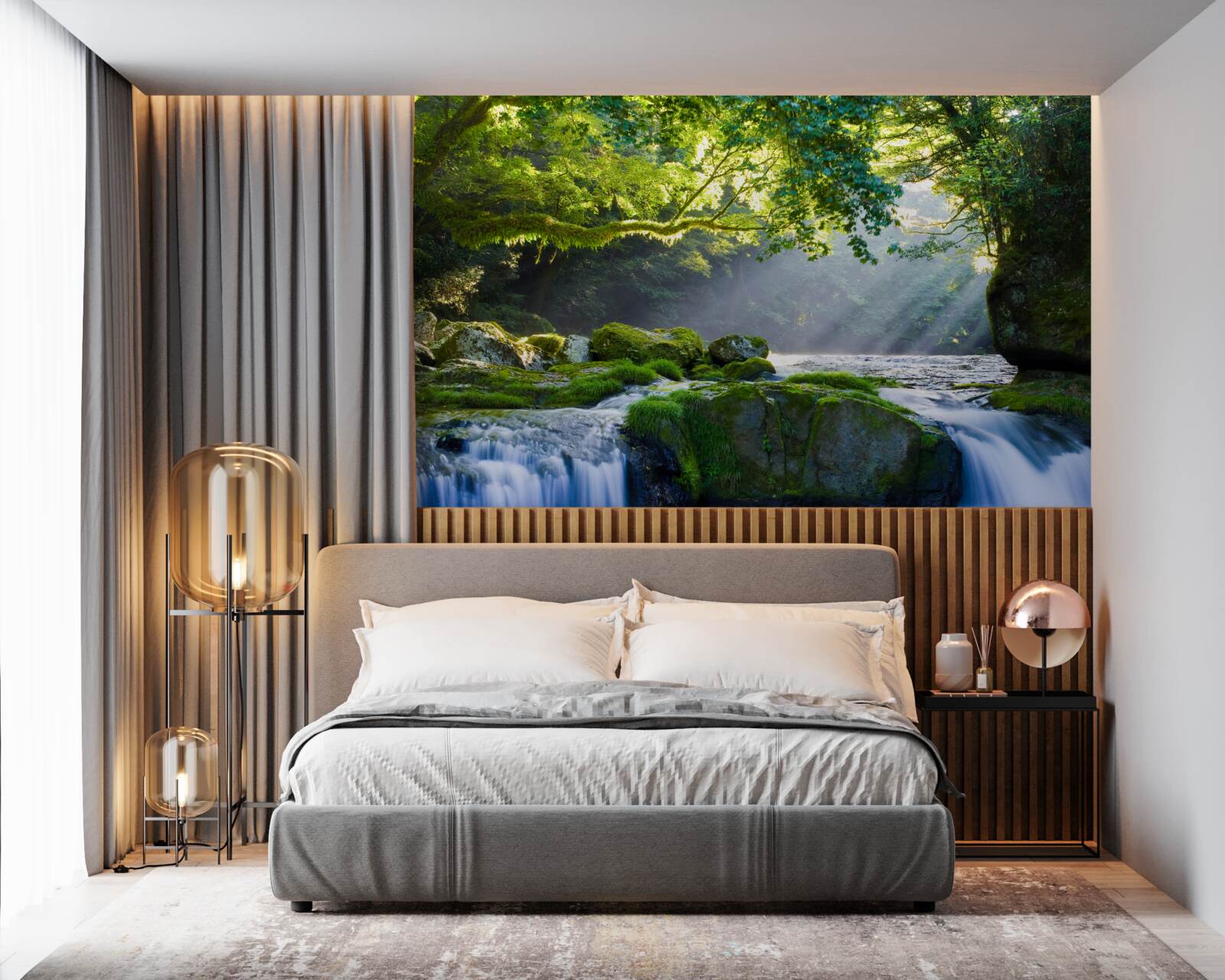 Фотошпалери промені сонця досягають лісового водоспаду