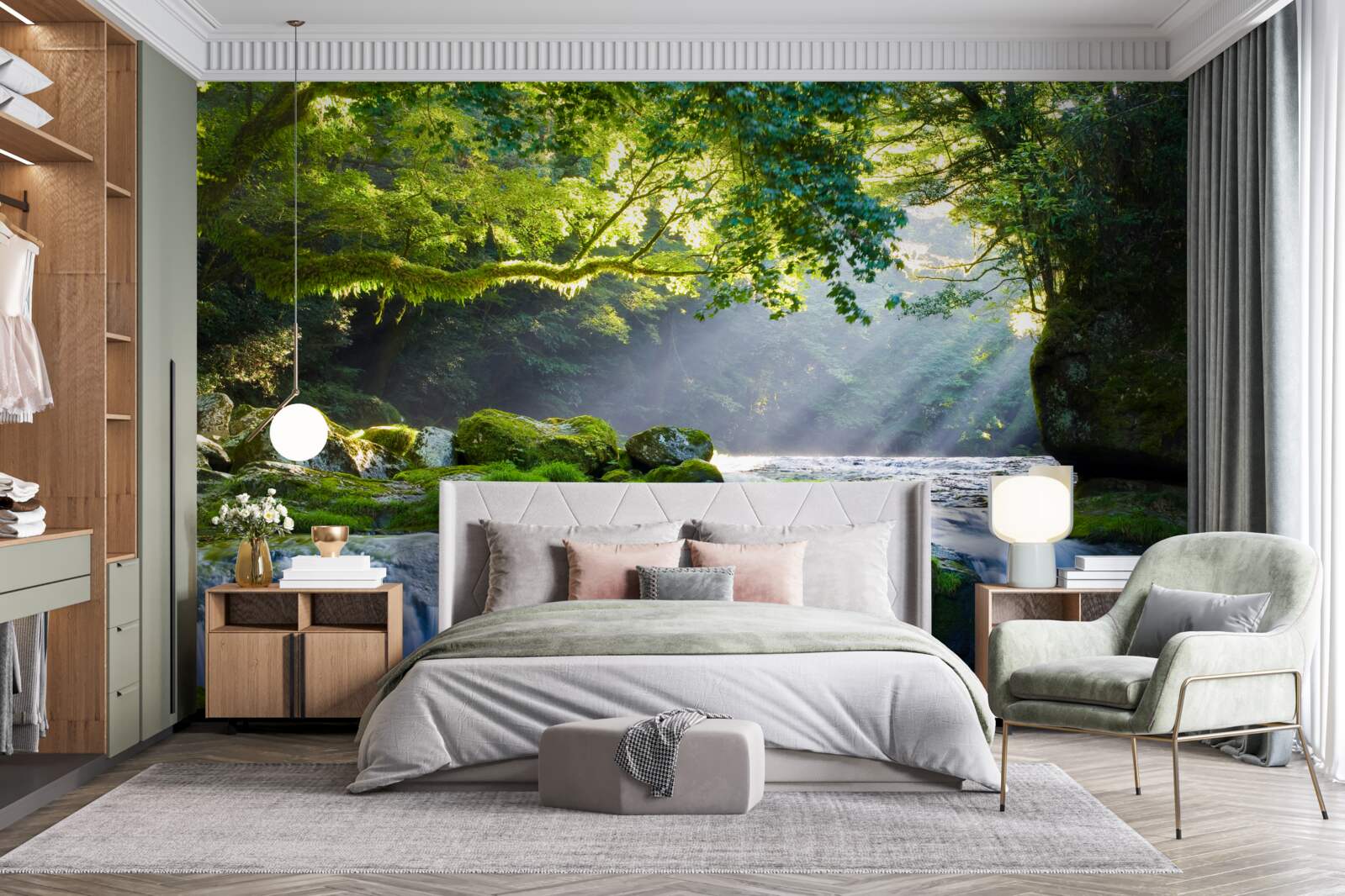 Фотошпалери промені сонця досягають лісового водоспаду