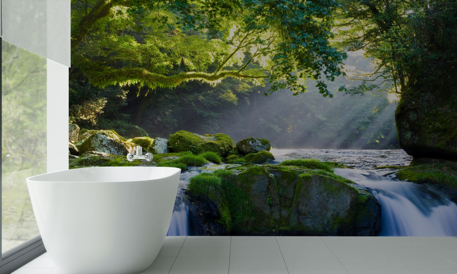 Фотошпалери промені сонця досягають лісового водоспаду