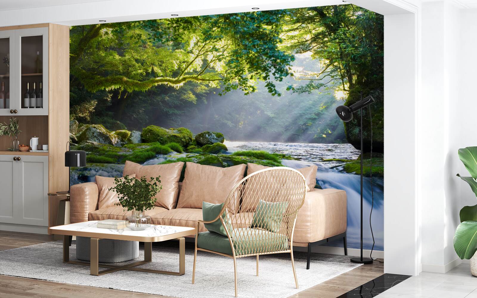 Фотошпалери промені сонця досягають лісового водоспаду