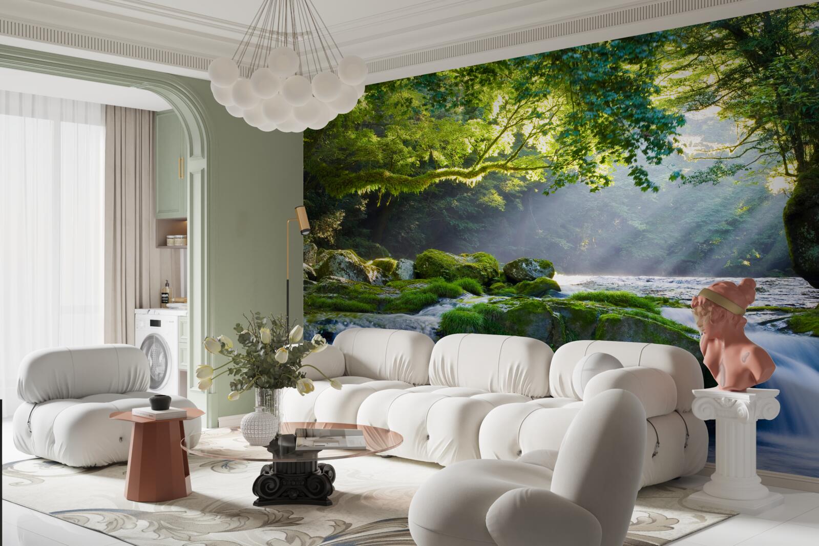 Фотошпалери промені сонця досягають лісового водоспаду