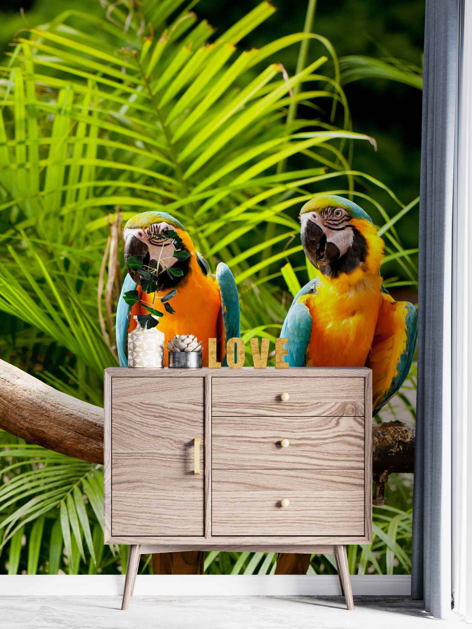 Фотошпалери два ари сидять на пальмових гілках