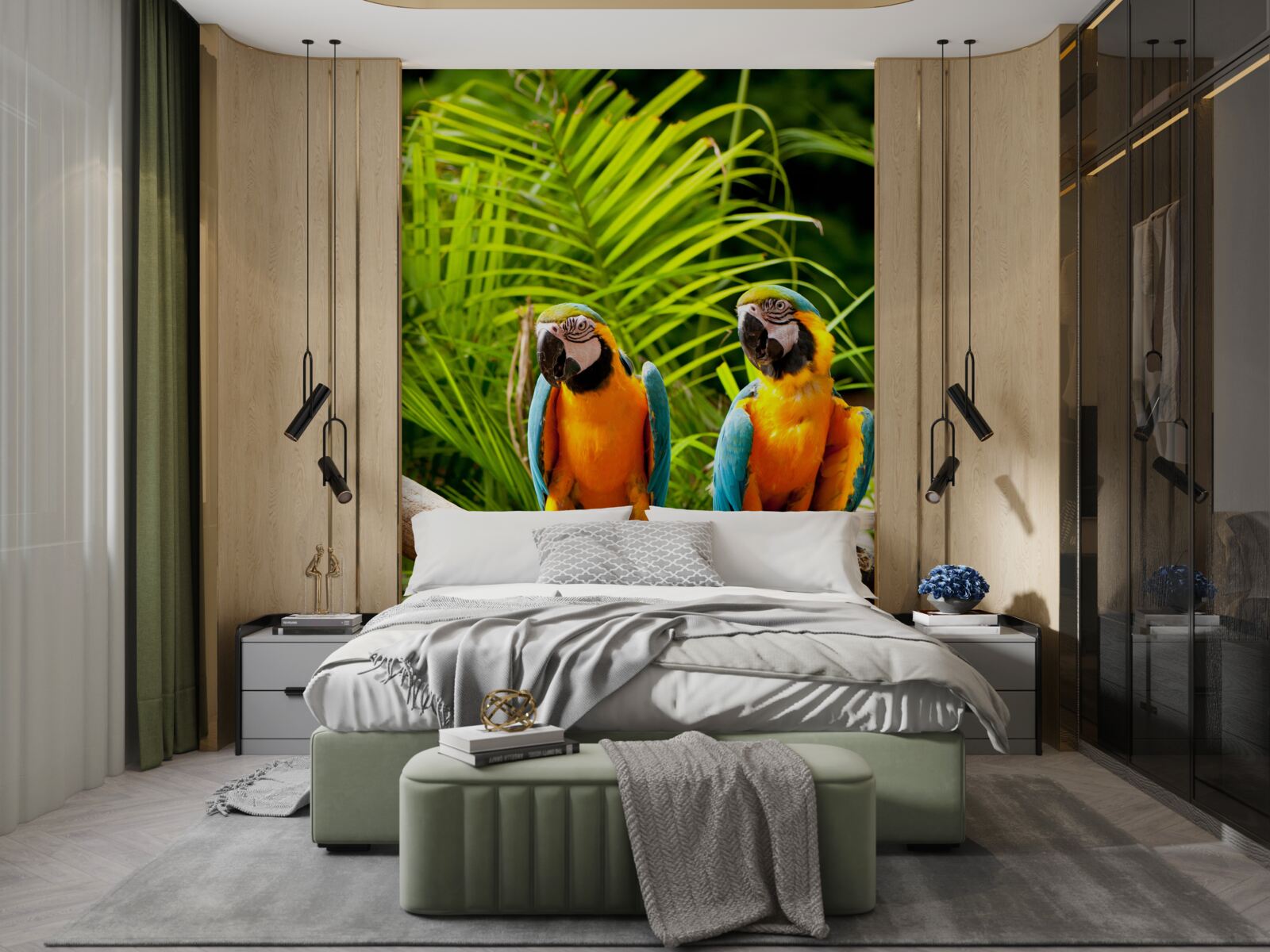 Фотошпалери два ари сидять на пальмових гілках