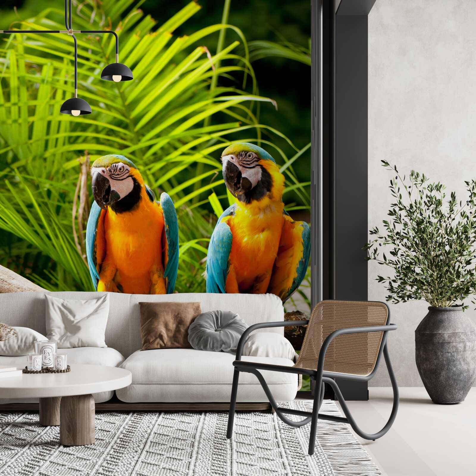 Фотошпалери два ари сидять на пальмових гілках