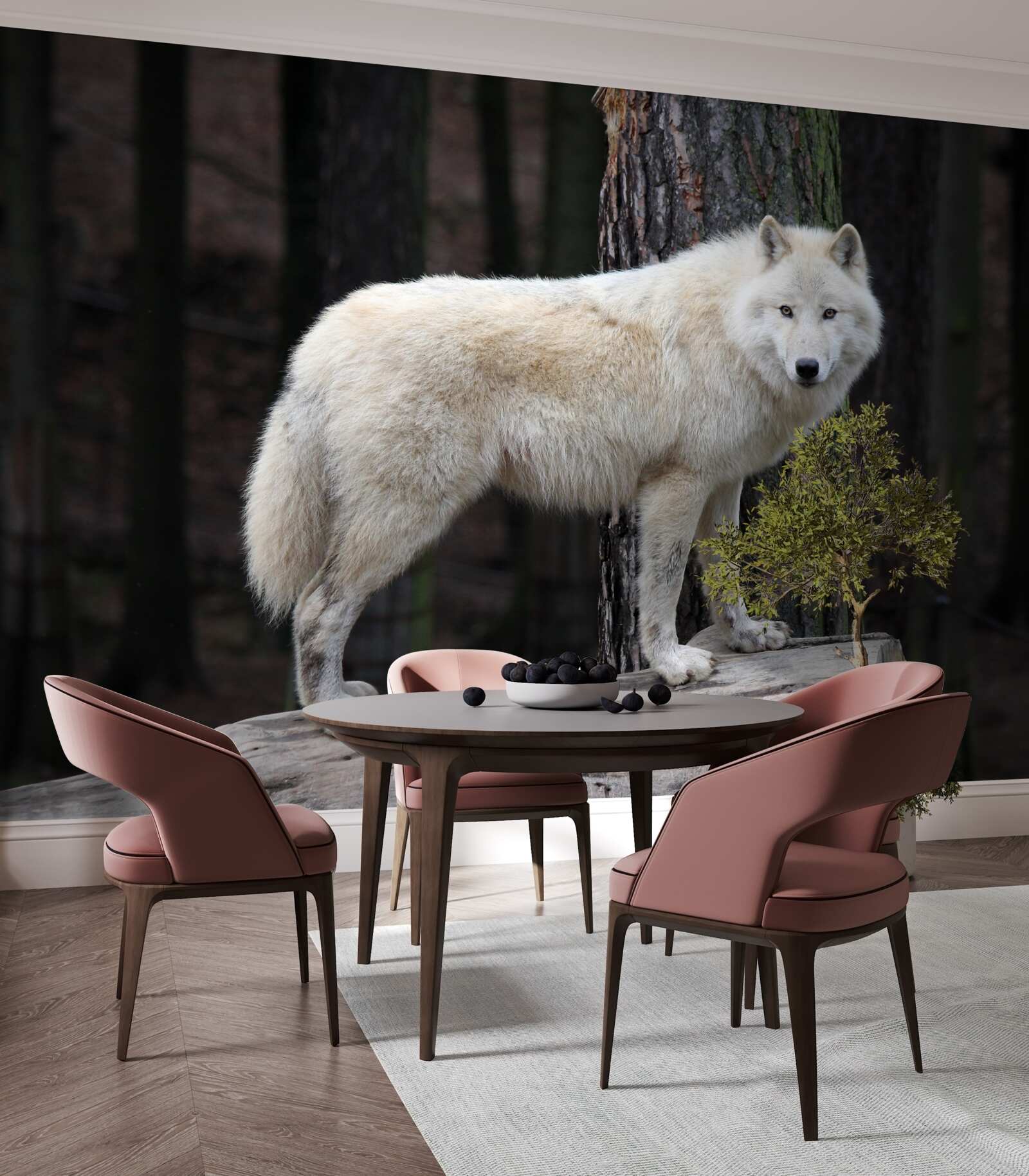 Фотошпалери сірий вовк на дерев'яній колоді