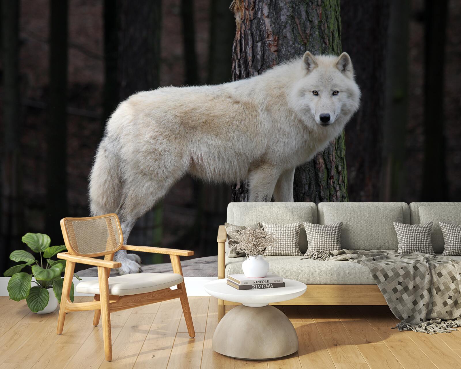 Фотошпалери сірий вовк на дерев'яній колоді