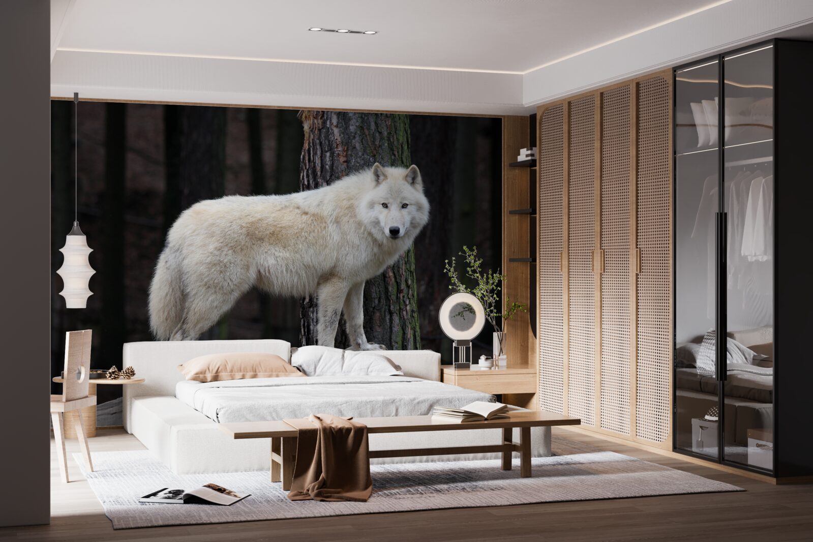 Фотошпалери сірий вовк на дерев'яній колоді