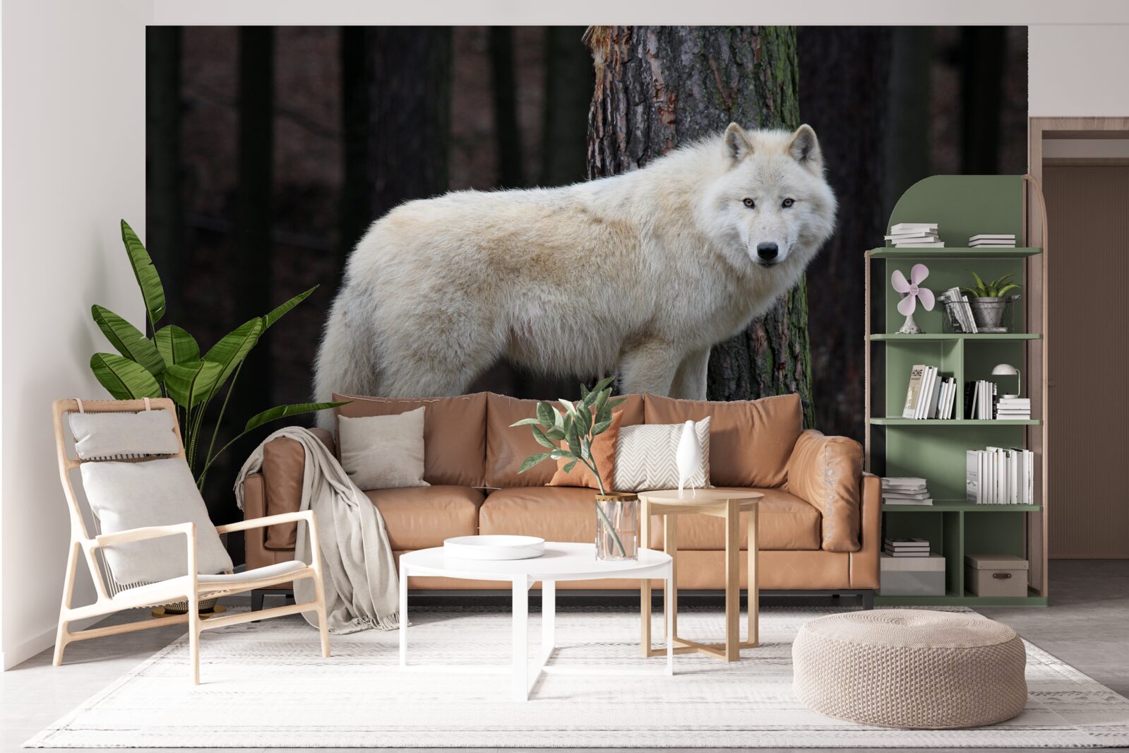 Фотошпалери сірий вовк на дерев'яній колоді