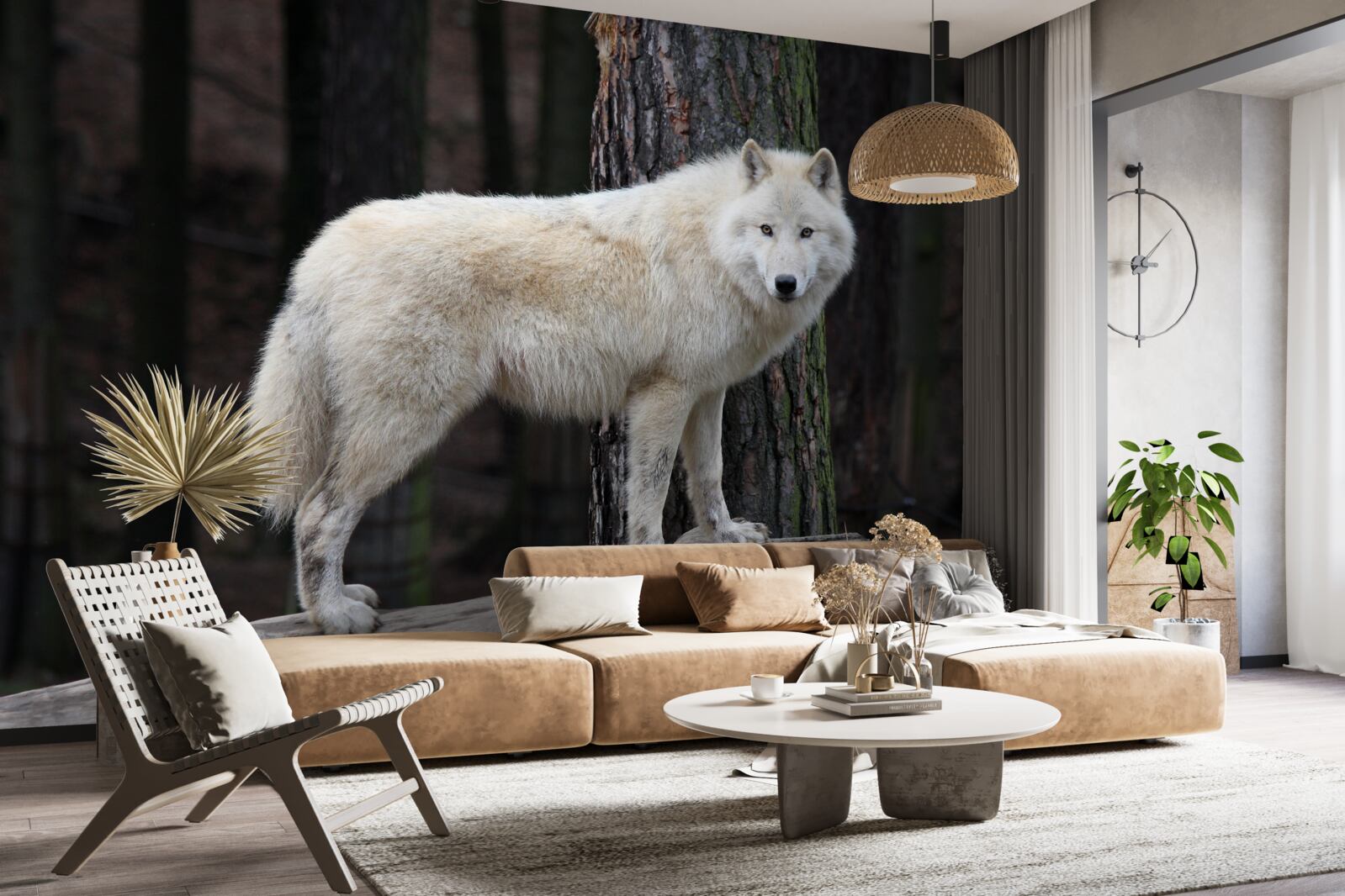 Фотошпалери сірий вовк на дерев'яній колоді