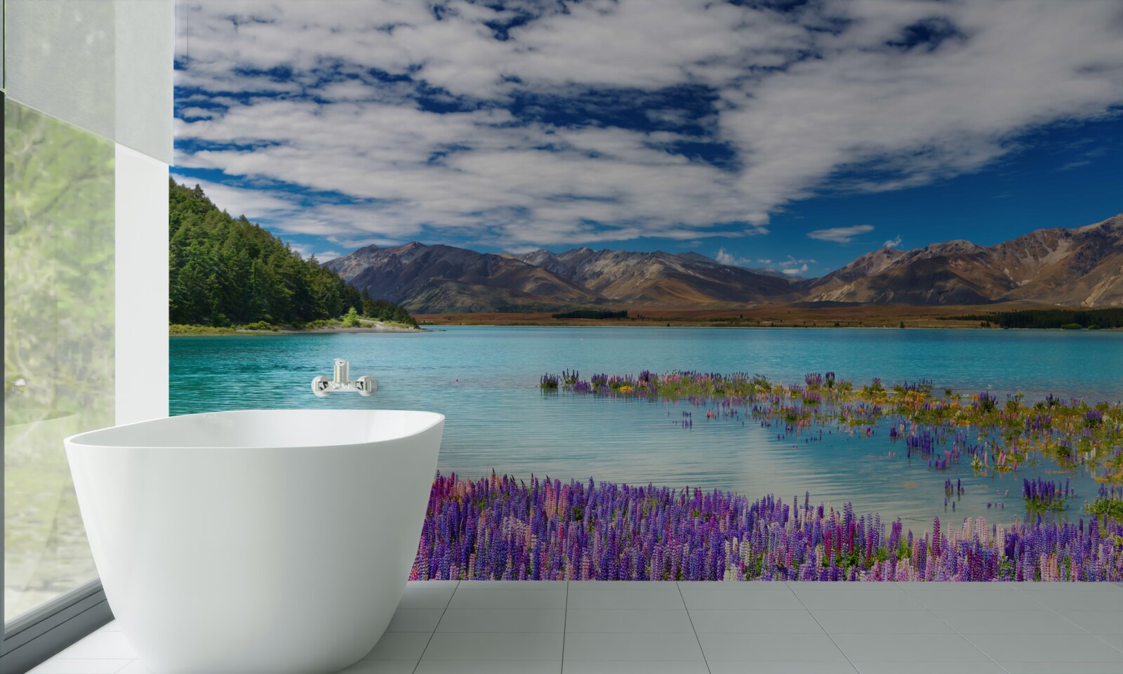 Фотошпалери квіти відбиваються у кришталево чистій воді гірського озера