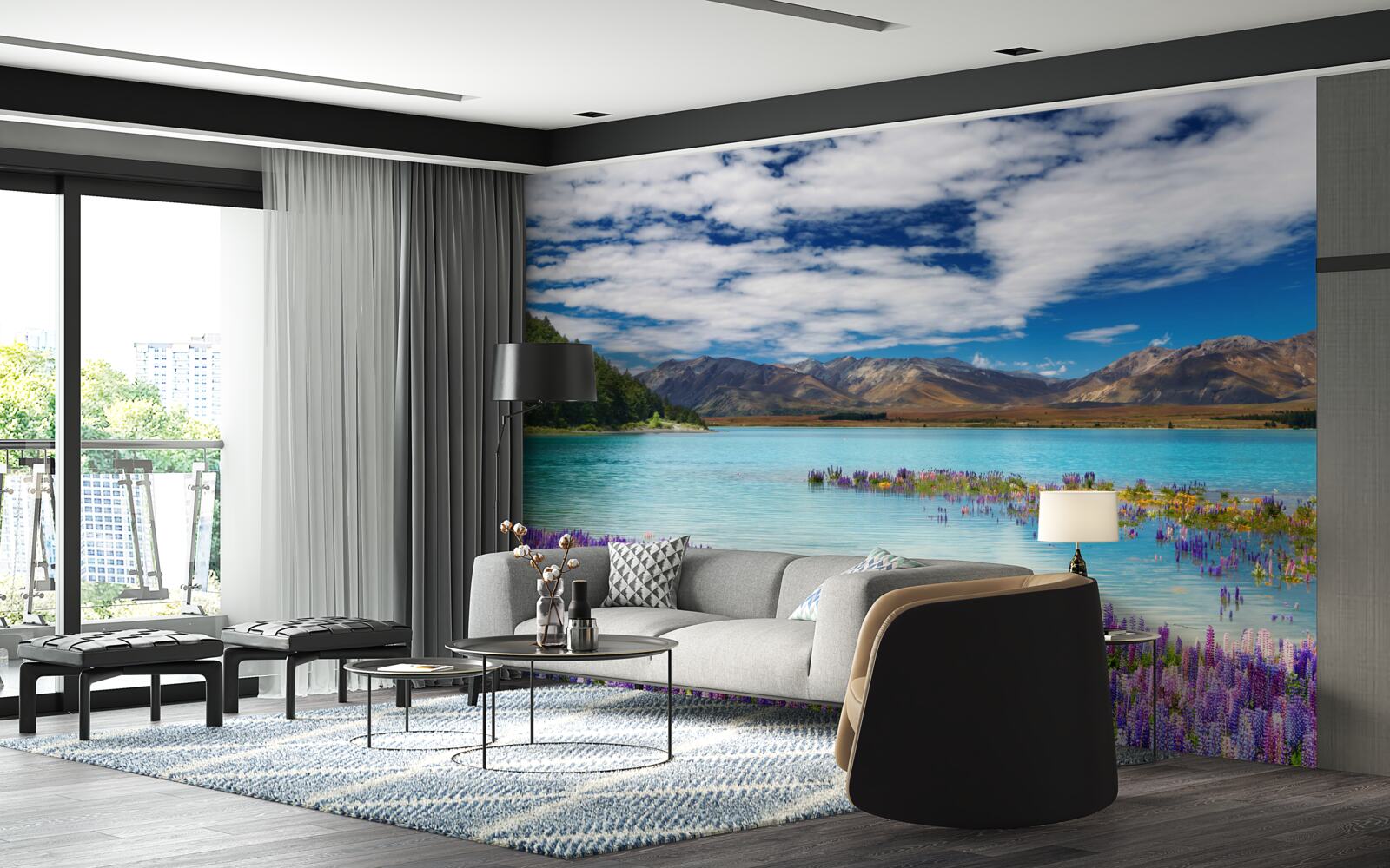 Фотошпалери квіти відбиваються у кришталево чистій воді гірського озера