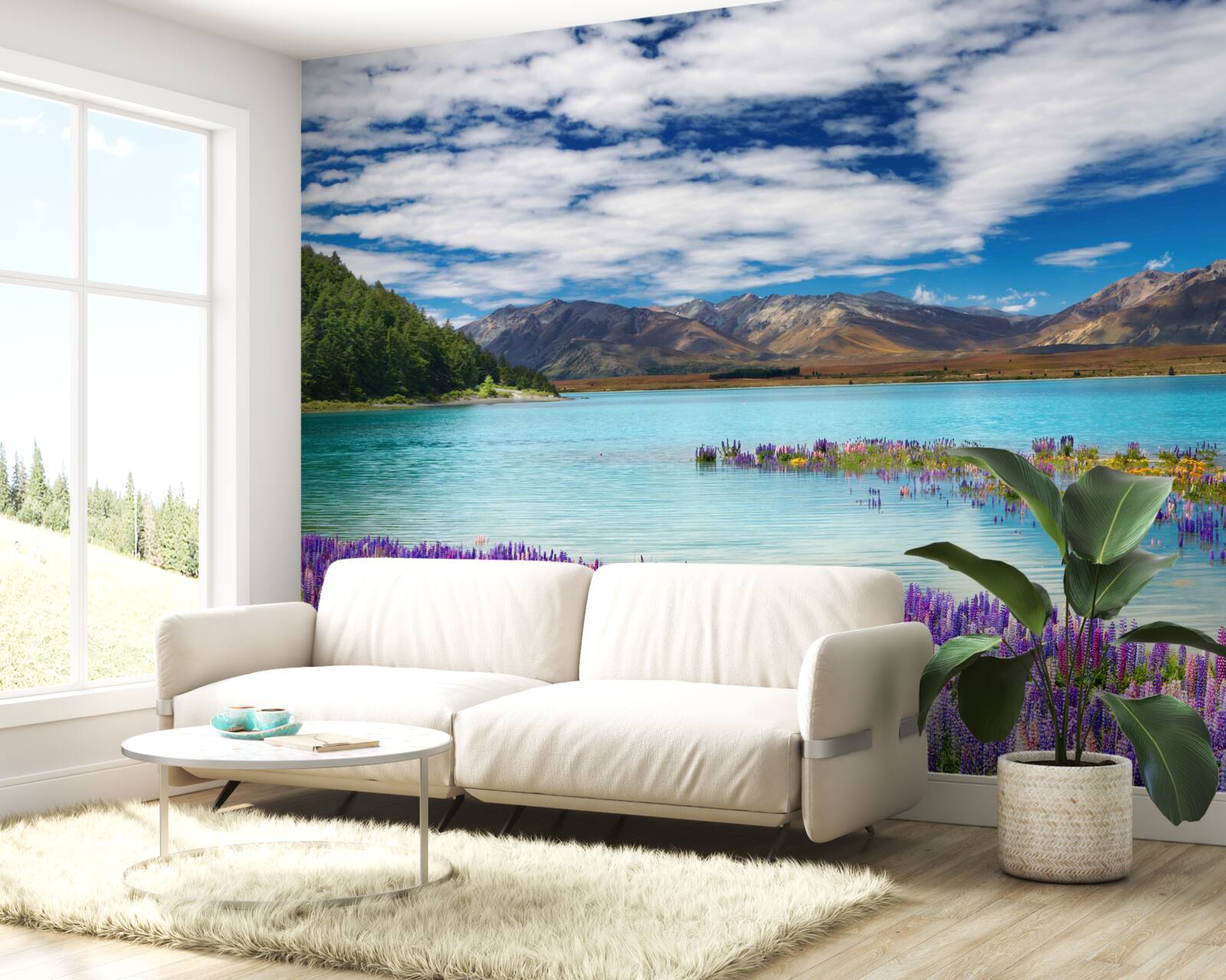 Фотошпалери квіти відбиваються у кришталево чистій воді гірського озера