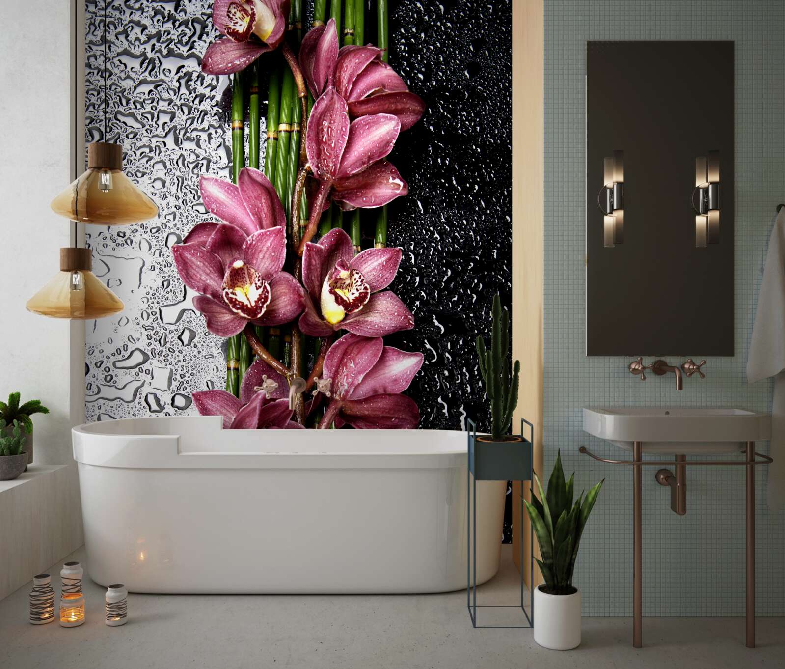 Фотошпалери мокра підлога прикрашена гілочками ніжних квітів