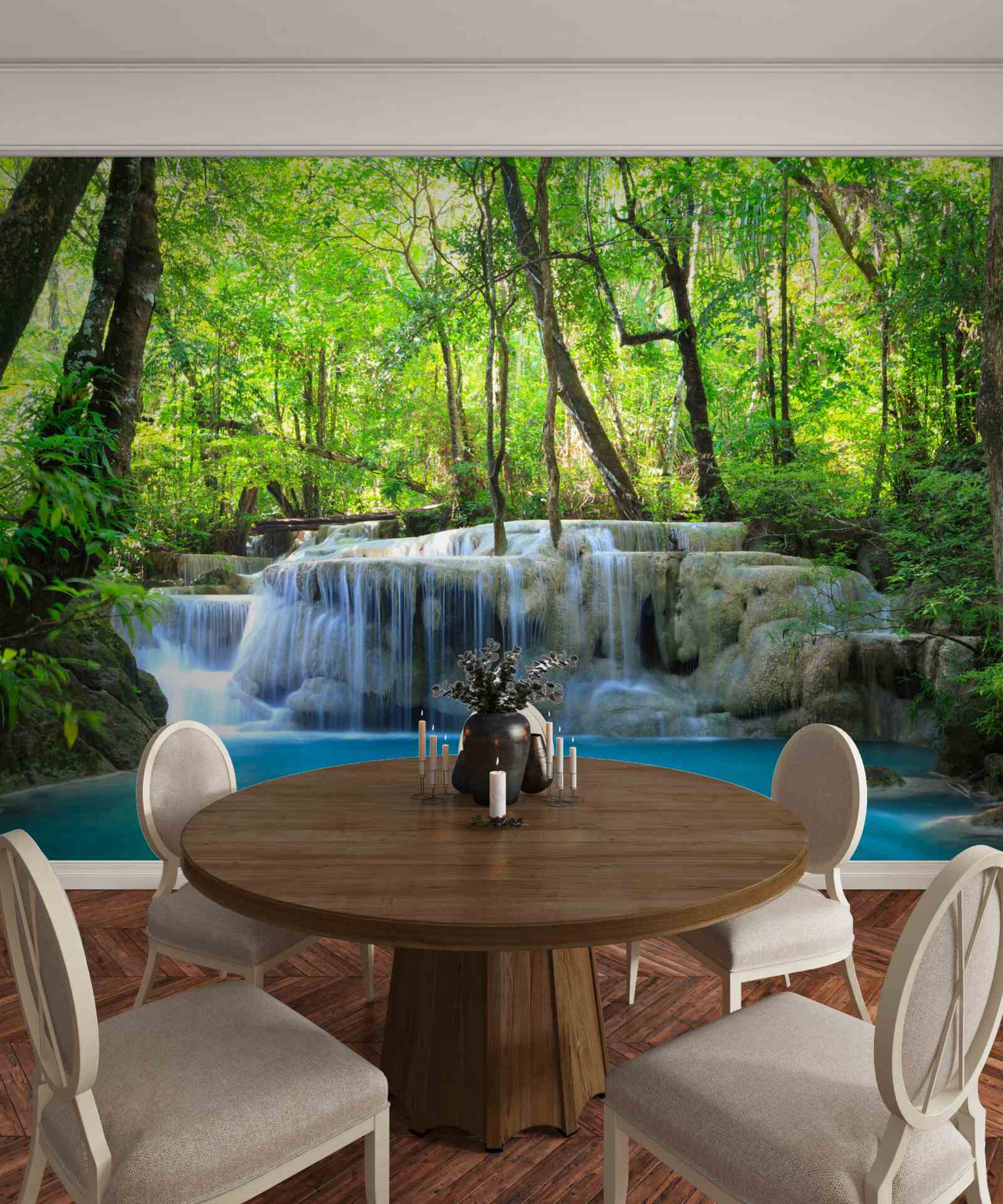 Фотошпалери зелений ліс приховує водоспад