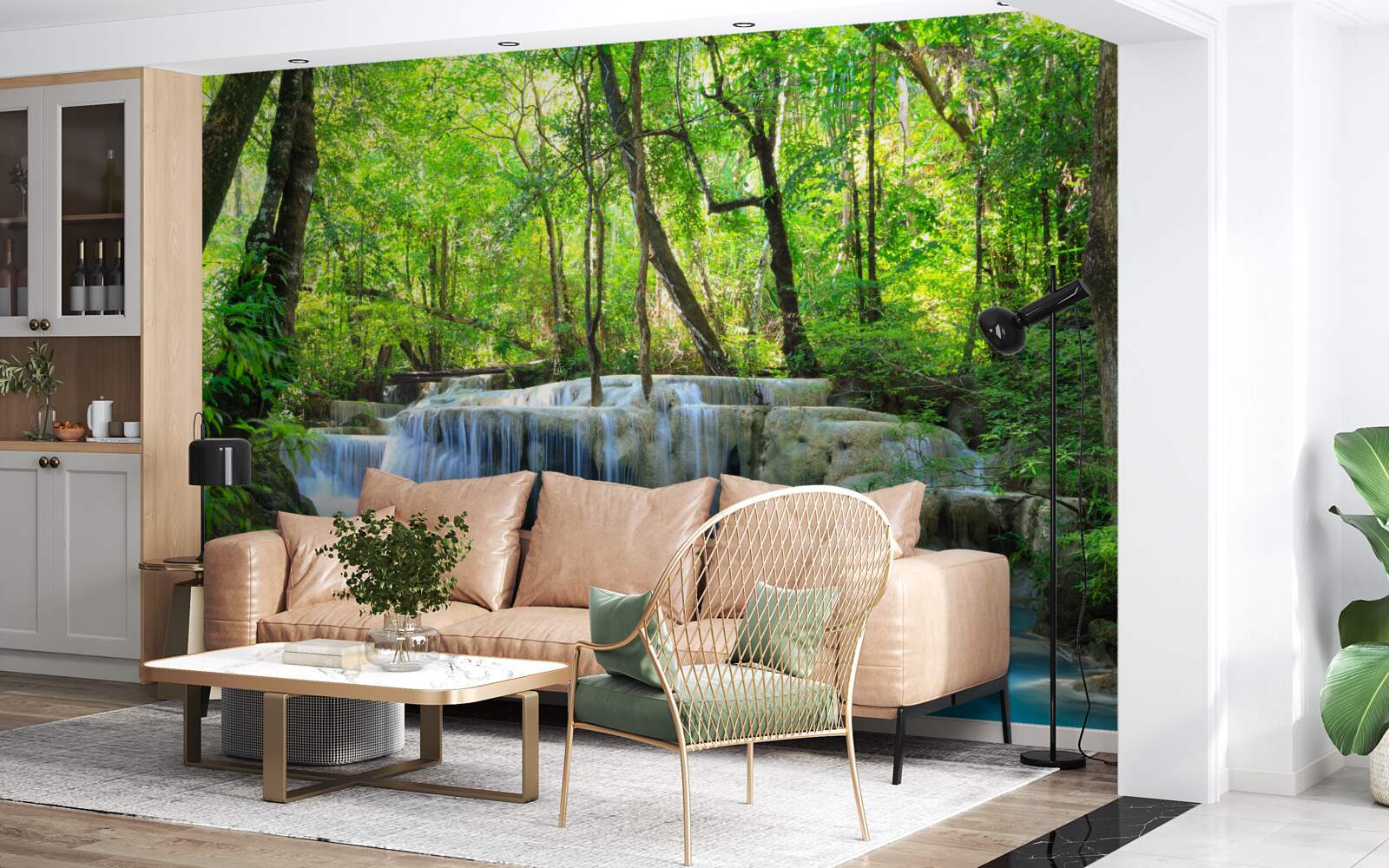 Фотошпалери зелений ліс приховує водоспад