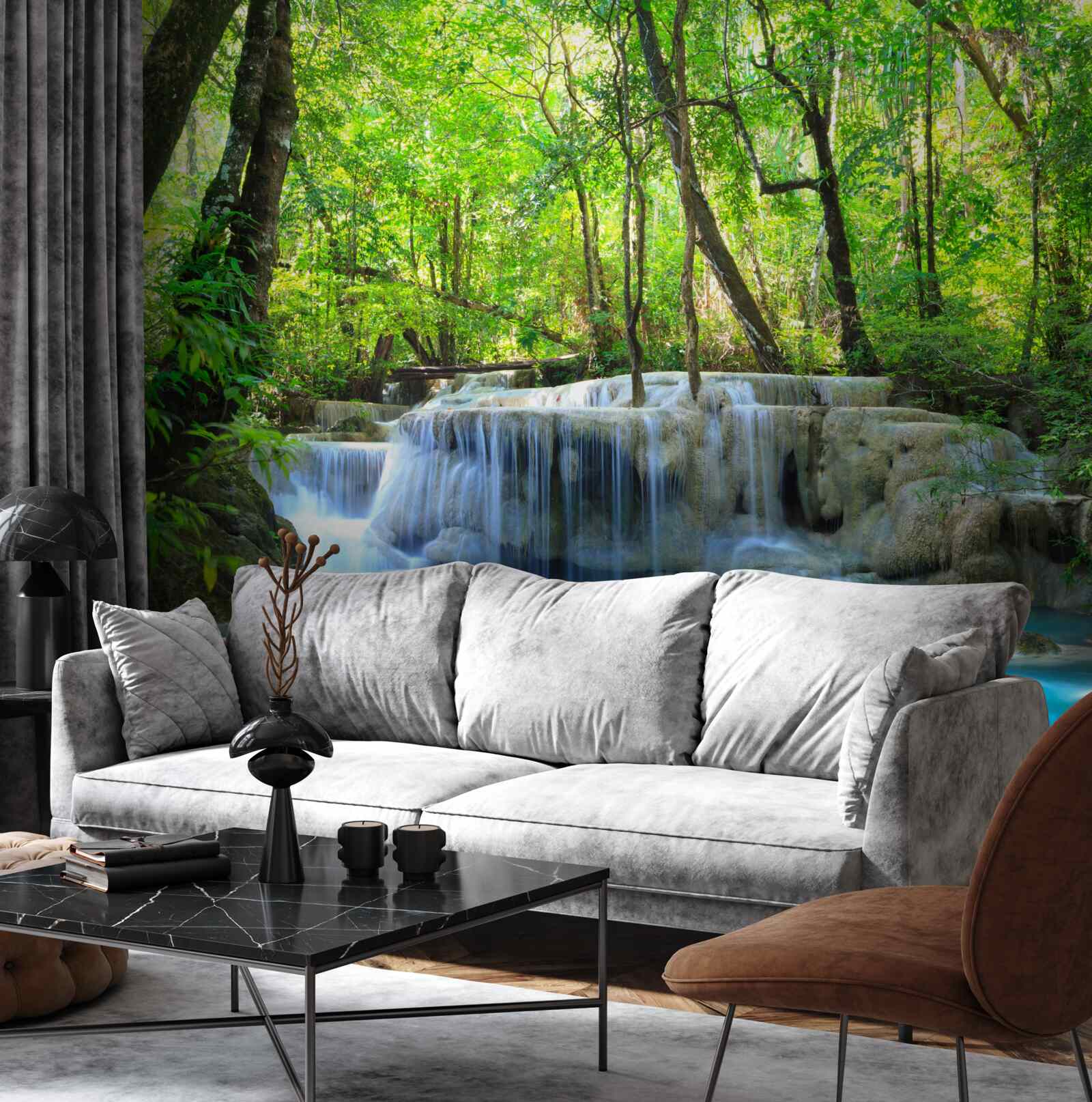 Фотошпалери зелений ліс приховує водоспад