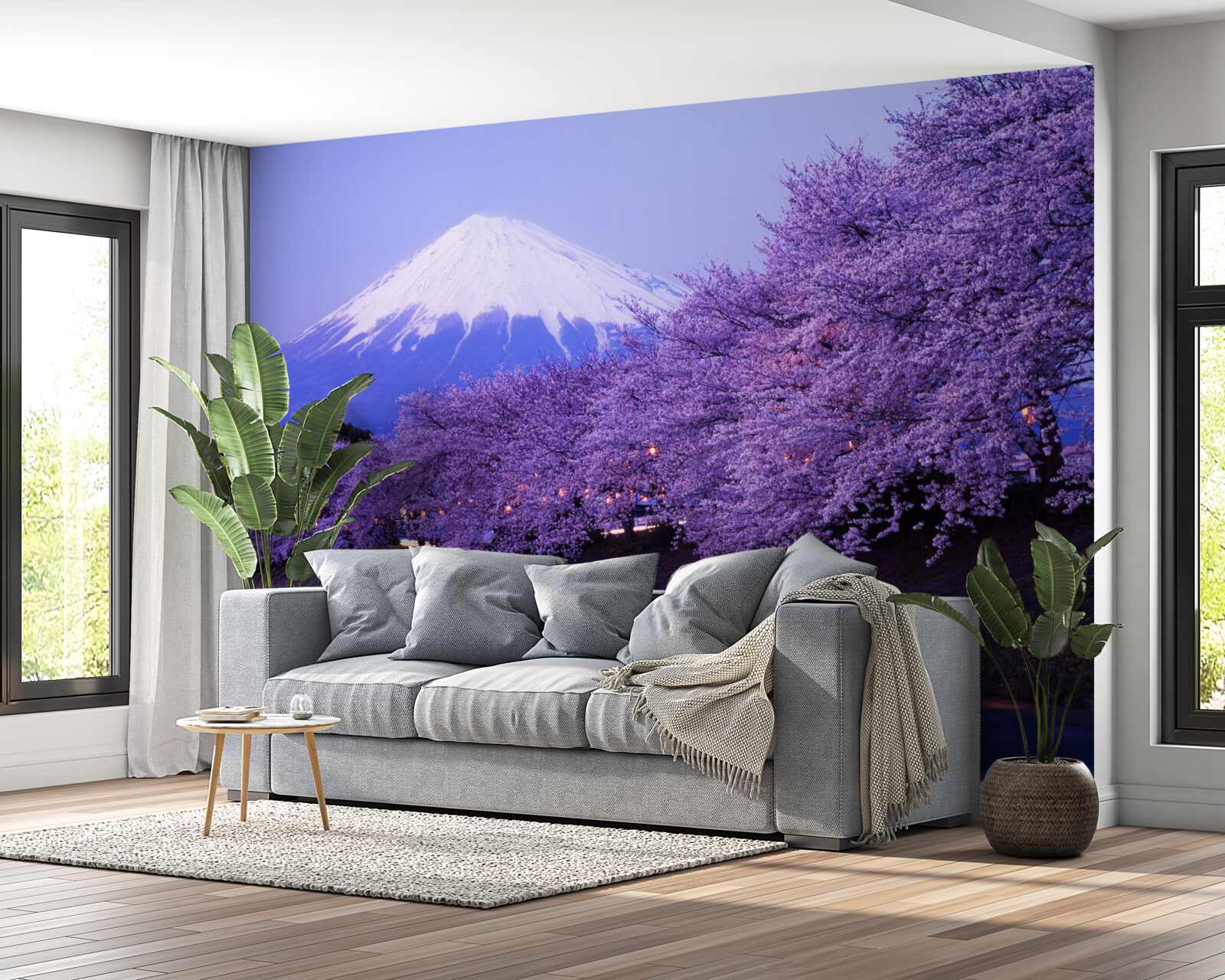 Фотошпалери квіти бузку біля підніжжя гори ростуть близько до води