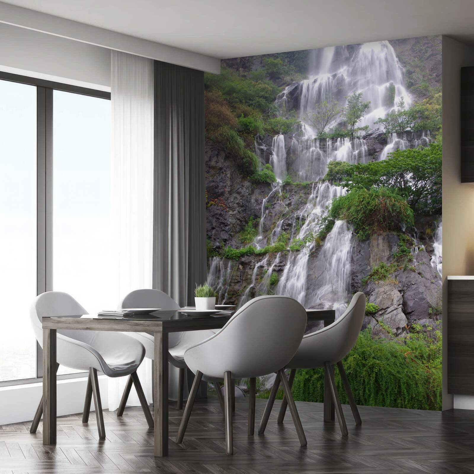 Фотошпалери вражаючий гірський водоспад з каскадами