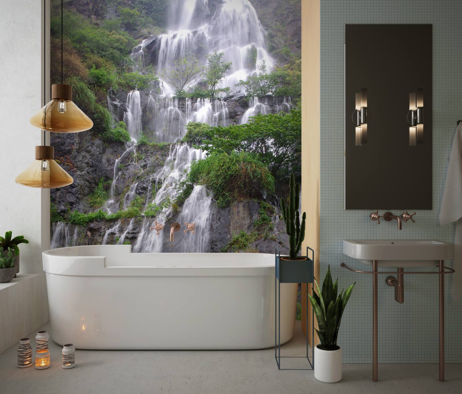 Фотошпалери вражаючий гірський водоспад з каскадами