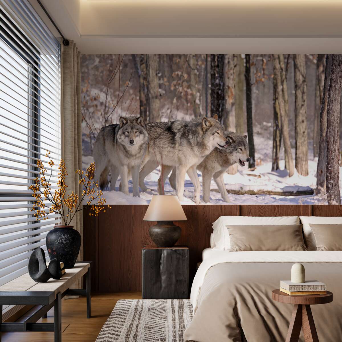 Фотошпалери група вовків йде крізь хащі зимового лісу