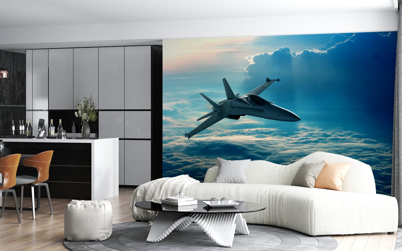 Фотошпалери винищувач мчить крізь хмари