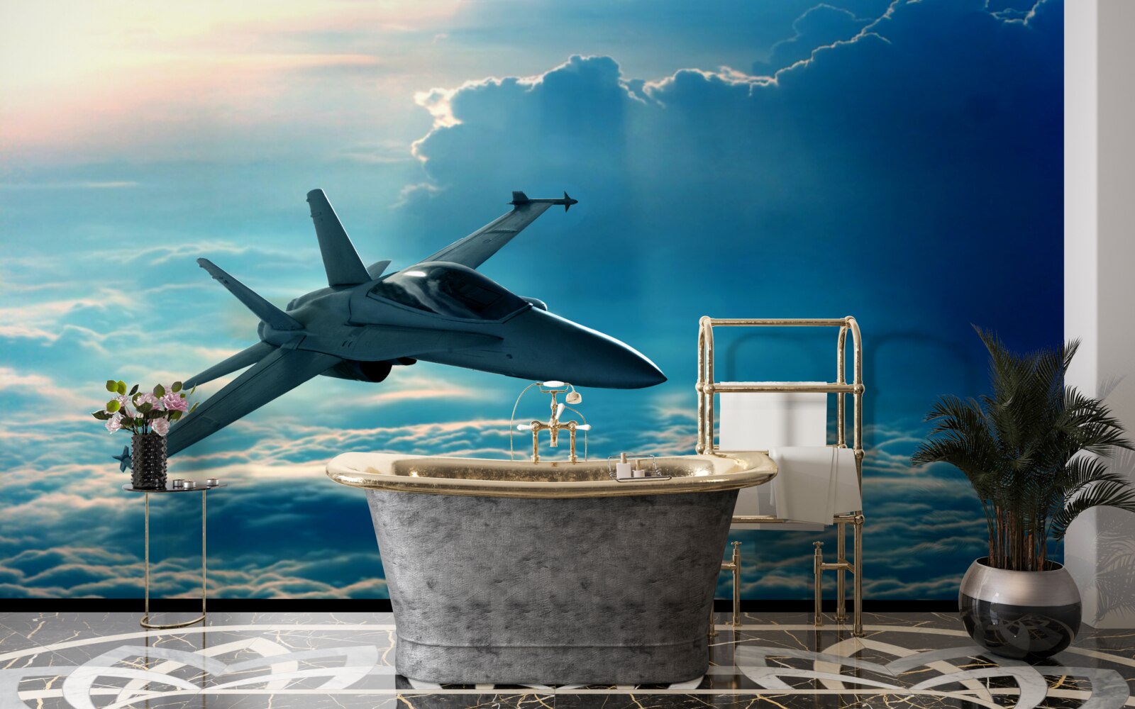 Фотошпалери винищувач мчить крізь хмари