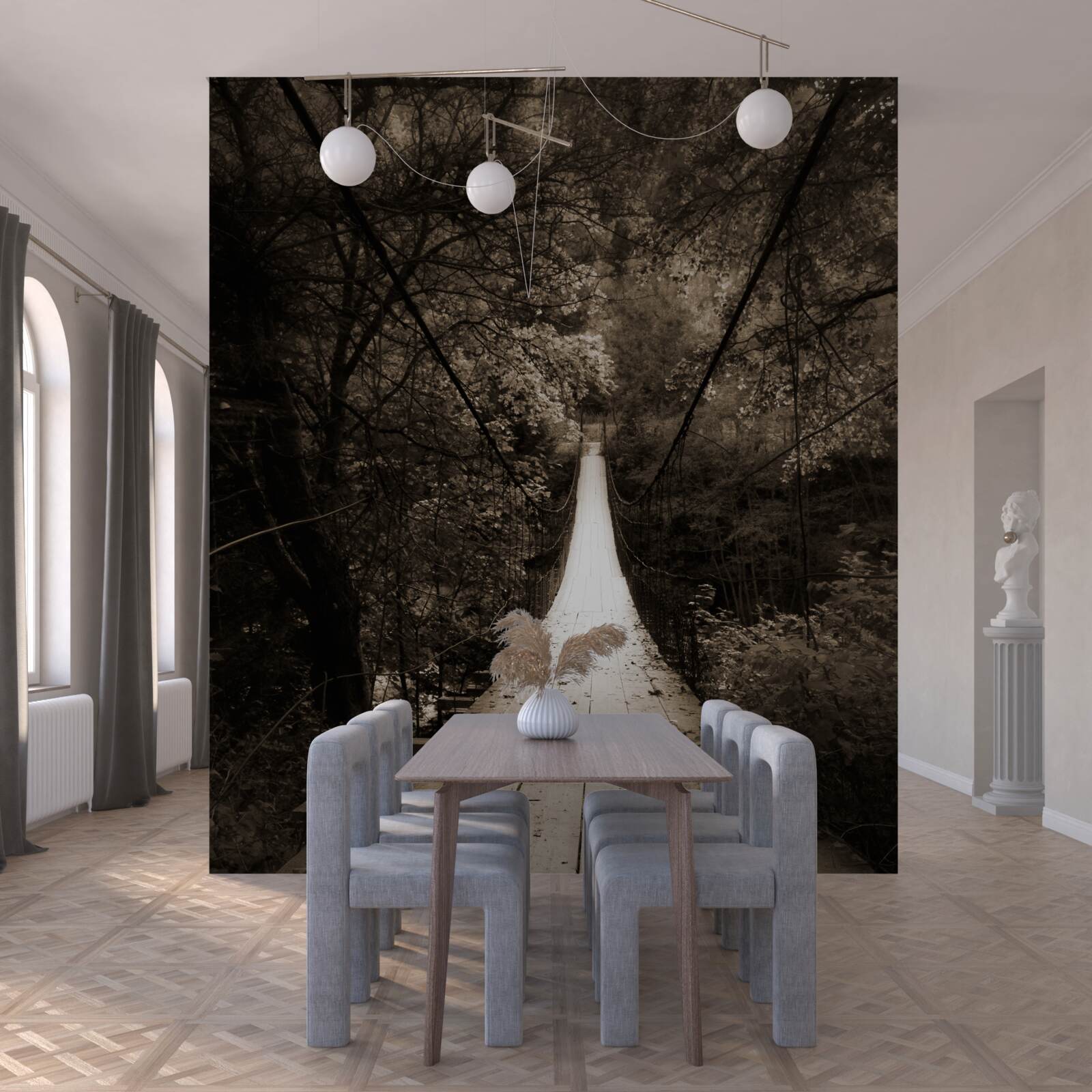 Фотошпалери дерев'яний міст, що з'єднує ставок у лісовій зоні