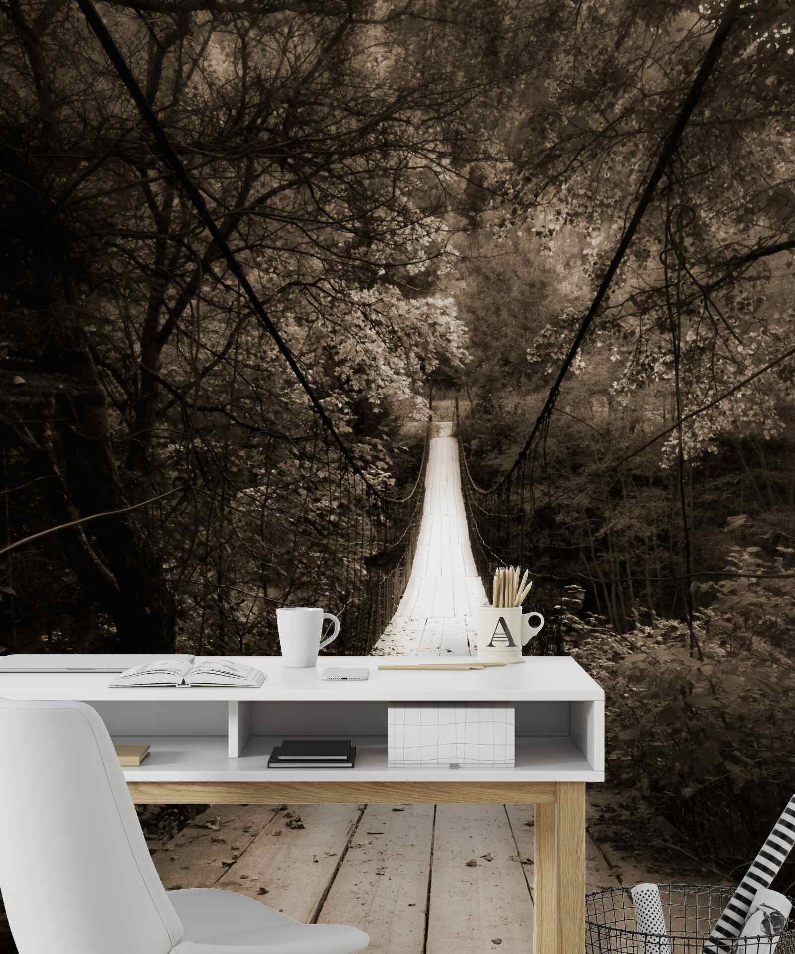 Фотошпалери дерев'яний міст, що з'єднує ставок у лісовій зоні