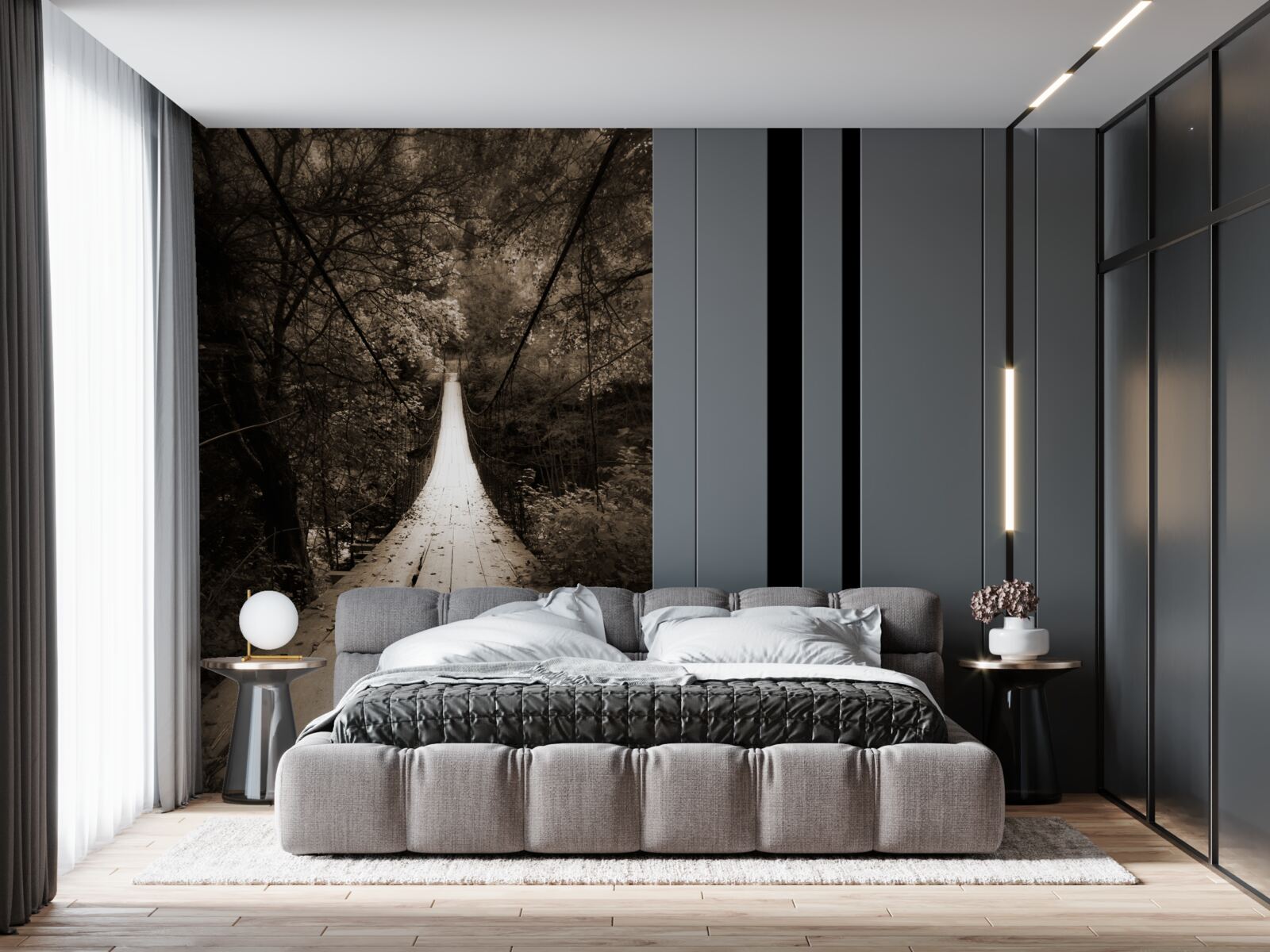 Фотошпалери дерев'яний міст, що з'єднує ставок у лісовій зоні