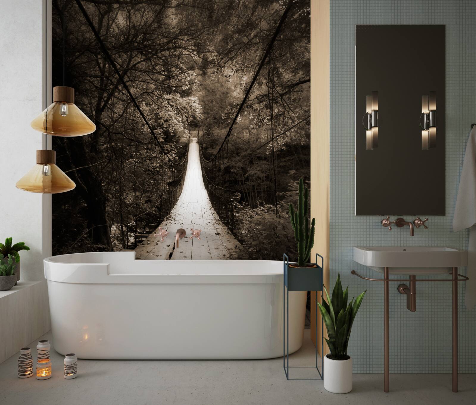 Фотошпалери дерев'яний міст, що з'єднує ставок у лісовій зоні