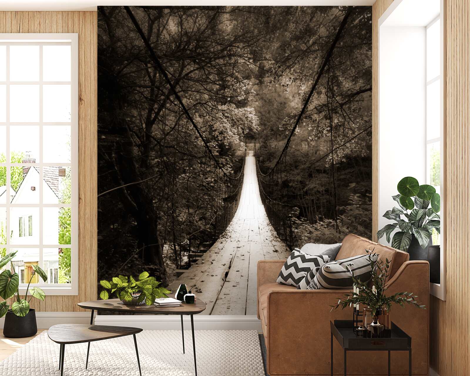 Фотошпалери дерев'яний міст, що з'єднує ставок у лісовій зоні