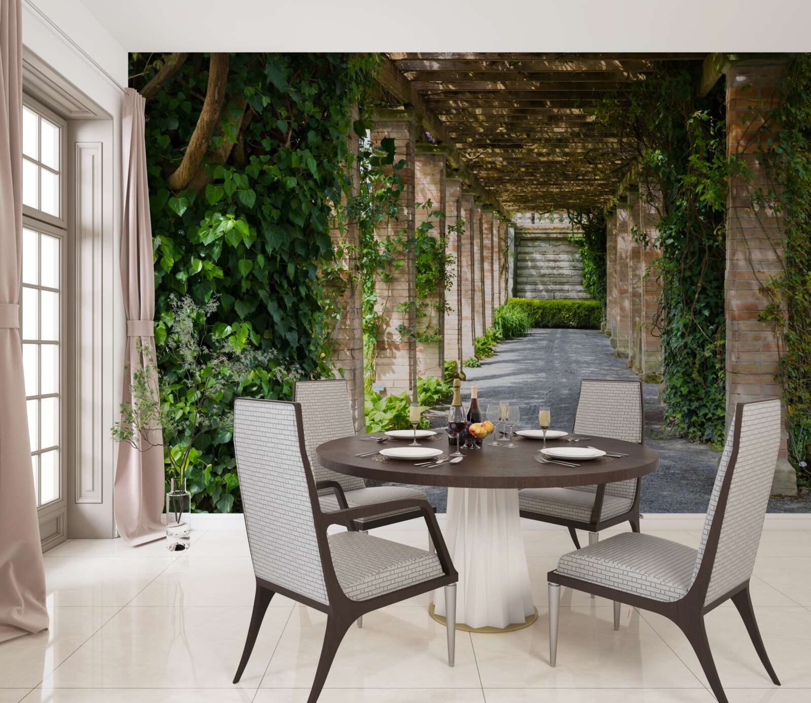 Фотошпалери захоплюючий коричневий тунель, оточений зеленими рослинами