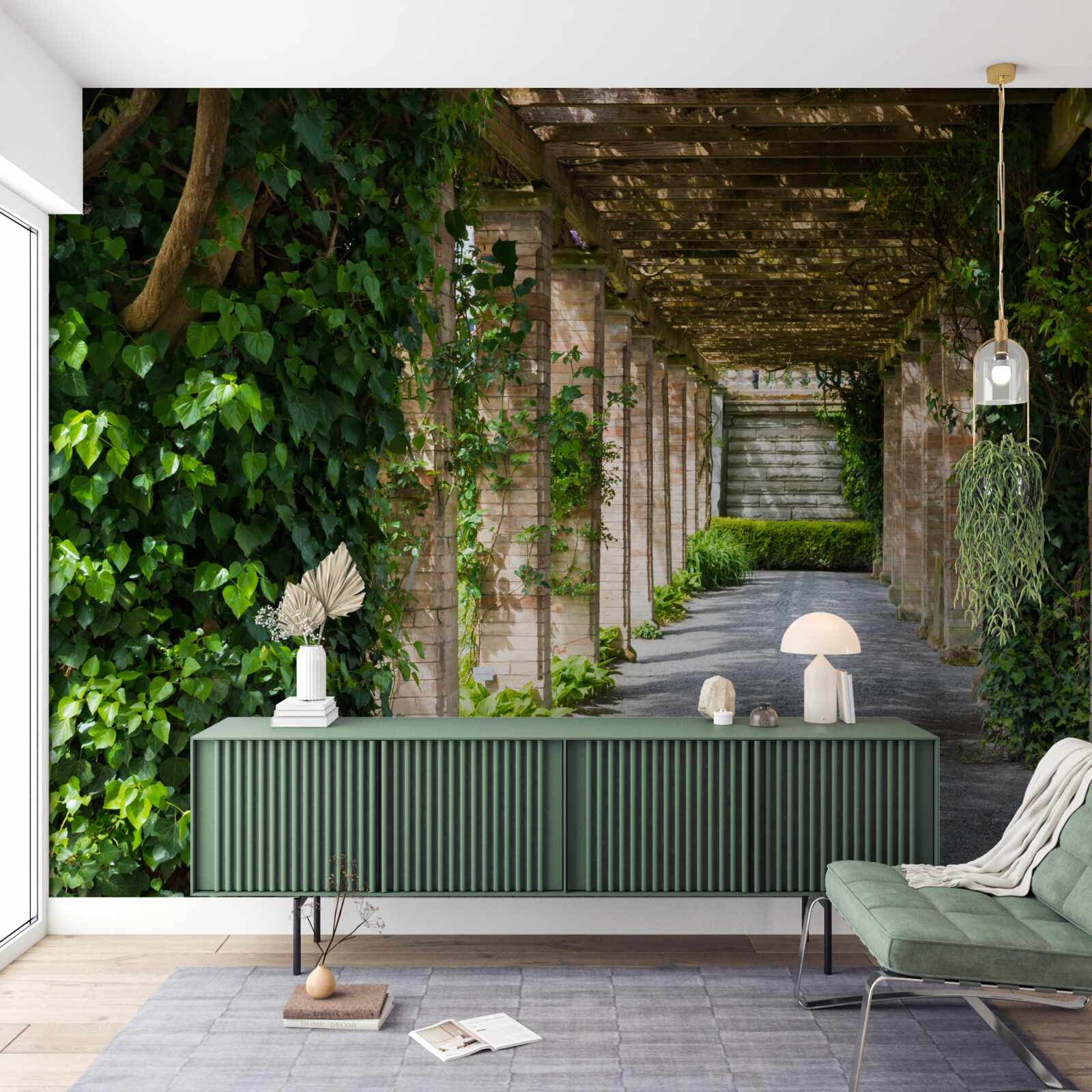 Фотошпалери захоплюючий коричневий тунель, оточений зеленими рослинами