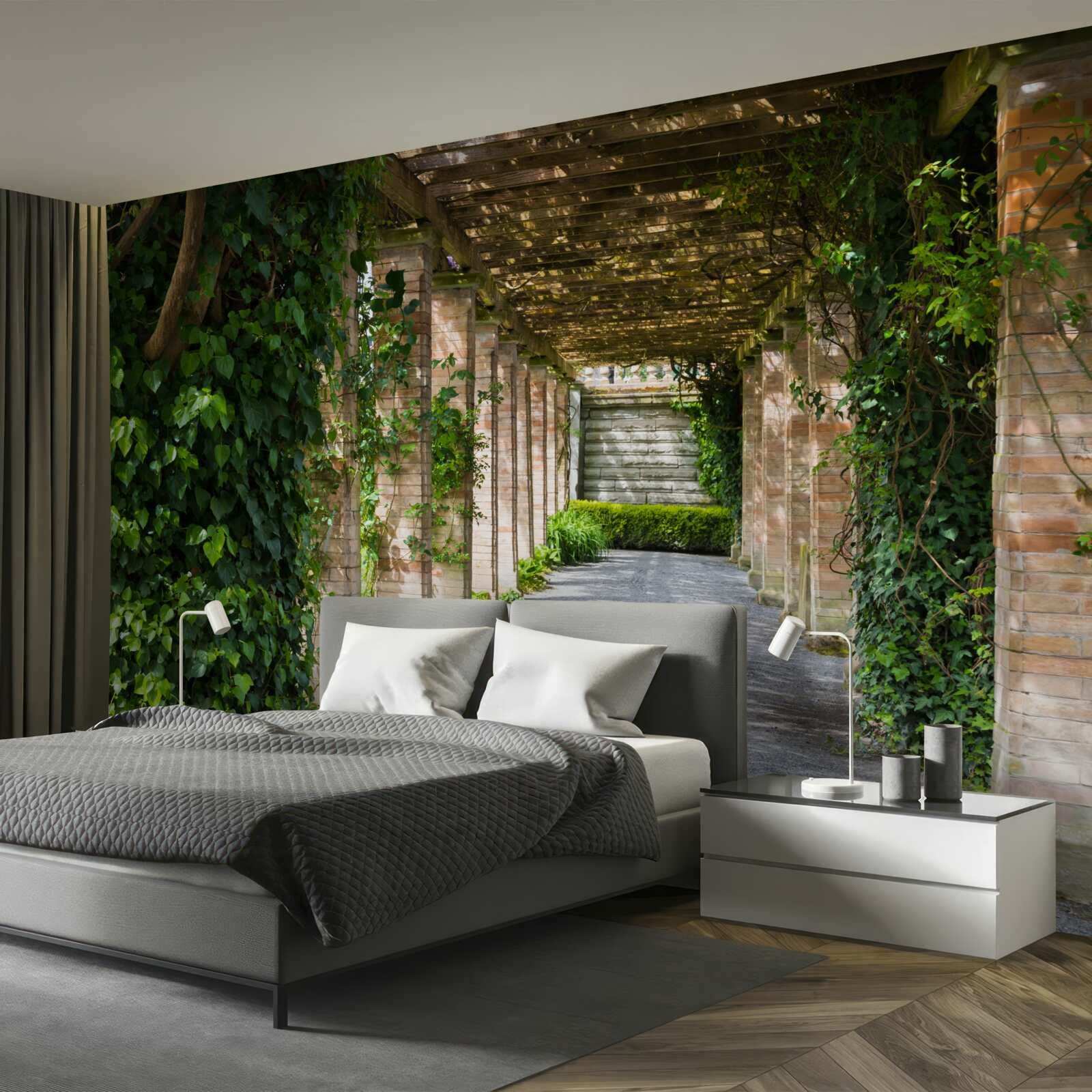 Фотошпалери захоплюючий коричневий тунель, оточений зеленими рослинами