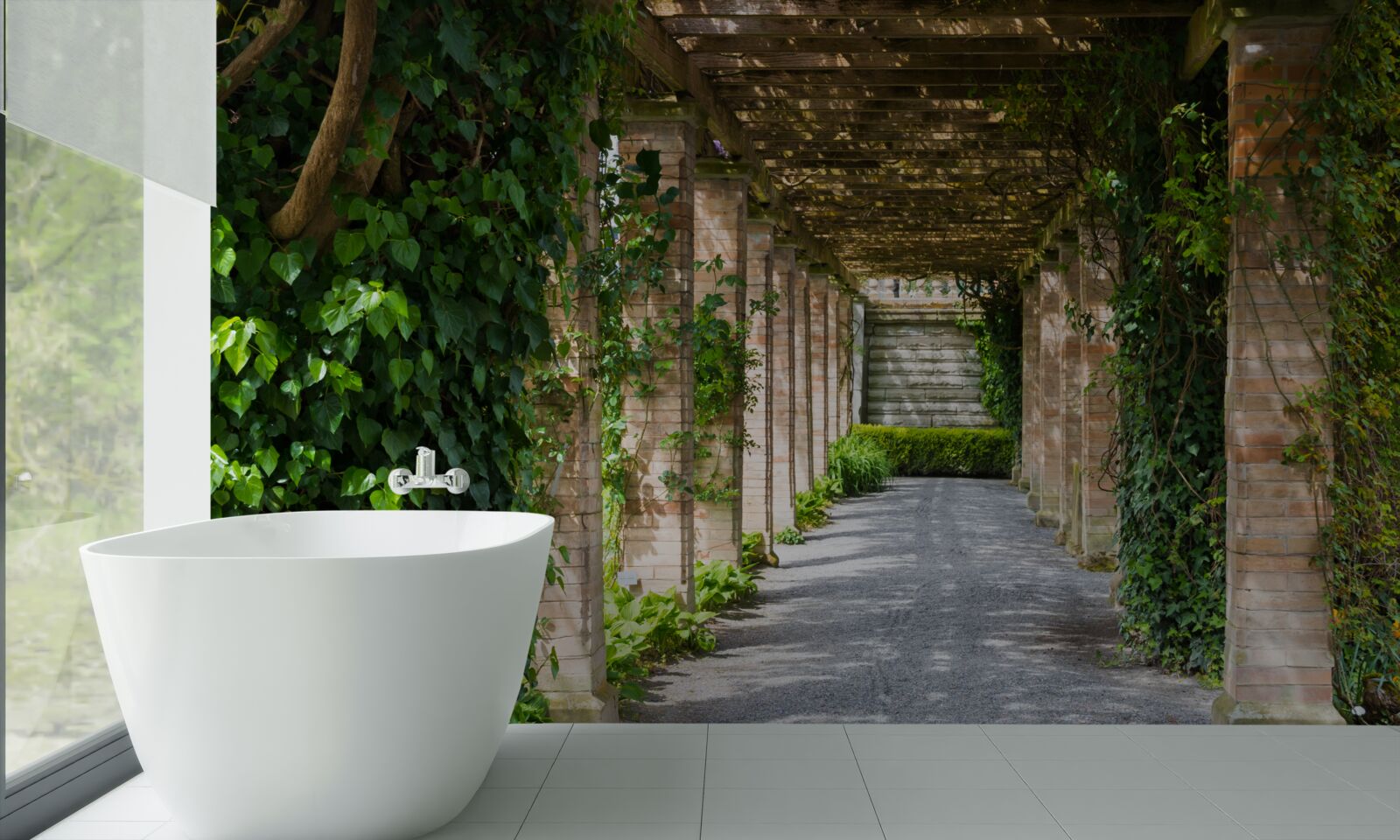 Фотошпалери захоплюючий коричневий тунель, оточений зеленими рослинами