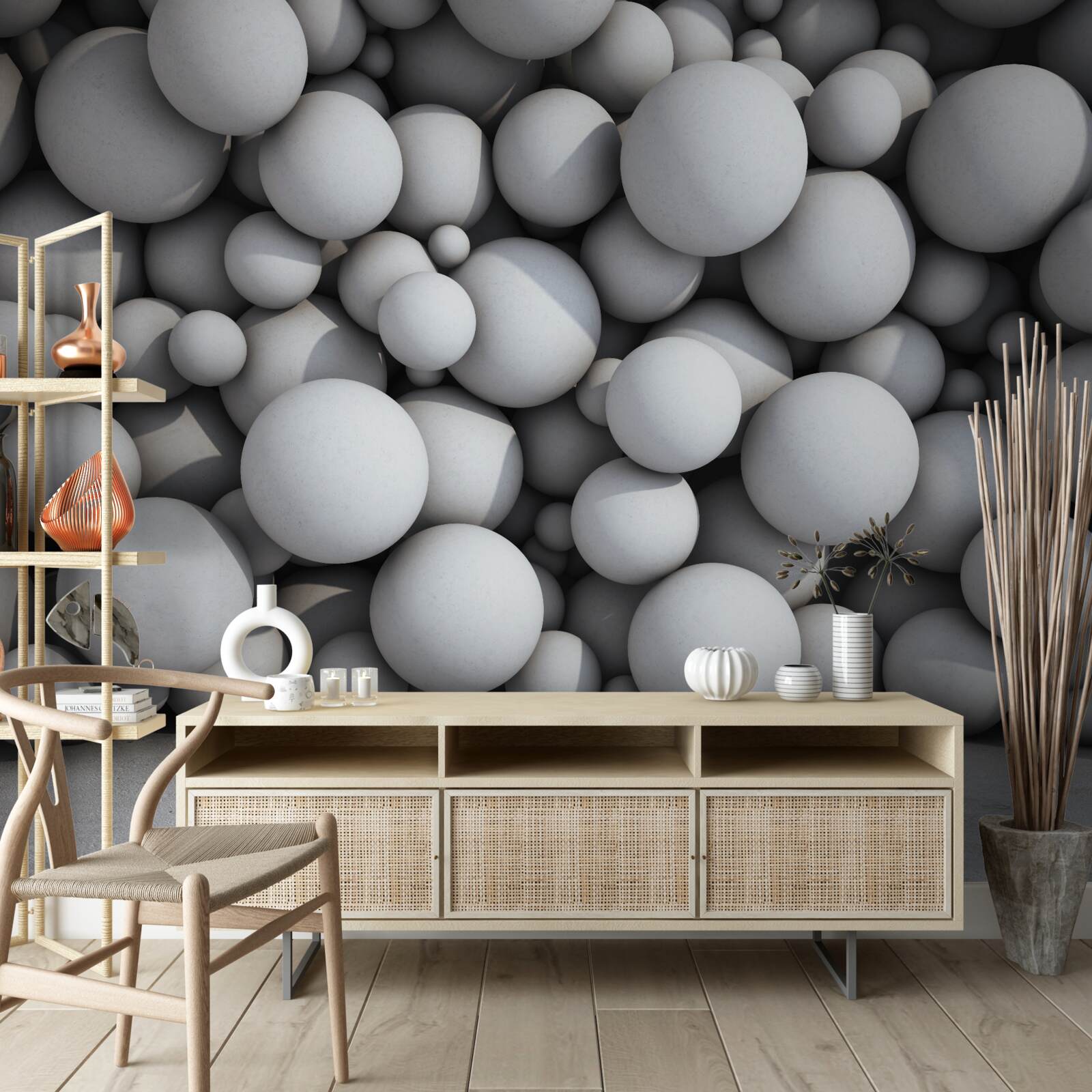 Фотошпалери бар'єр зі срібних кульок, що плавають у повітрі