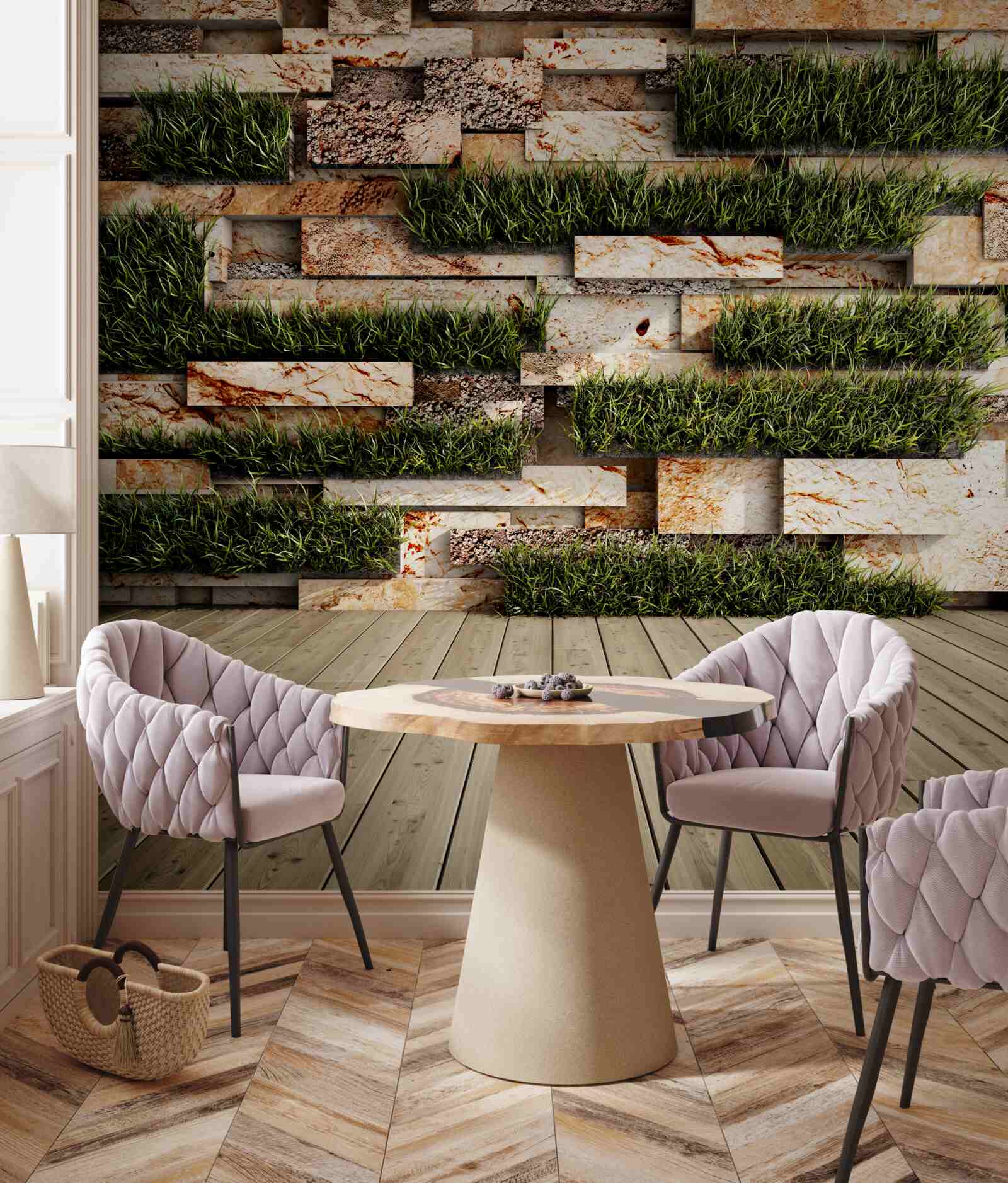 Фотошпалери кам'яна стіна, прикрашена зеленими рослинами