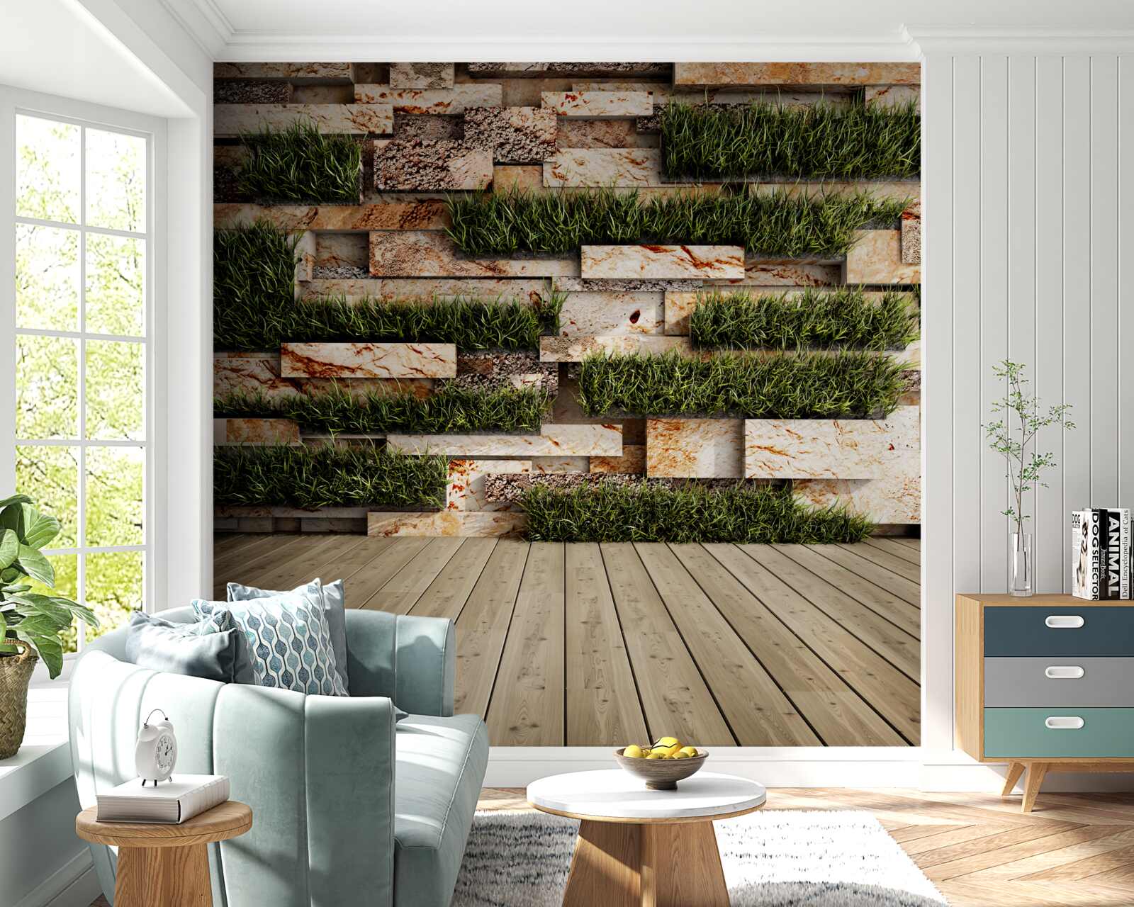 Фотошпалери кам'яна стіна, прикрашена зеленими рослинами