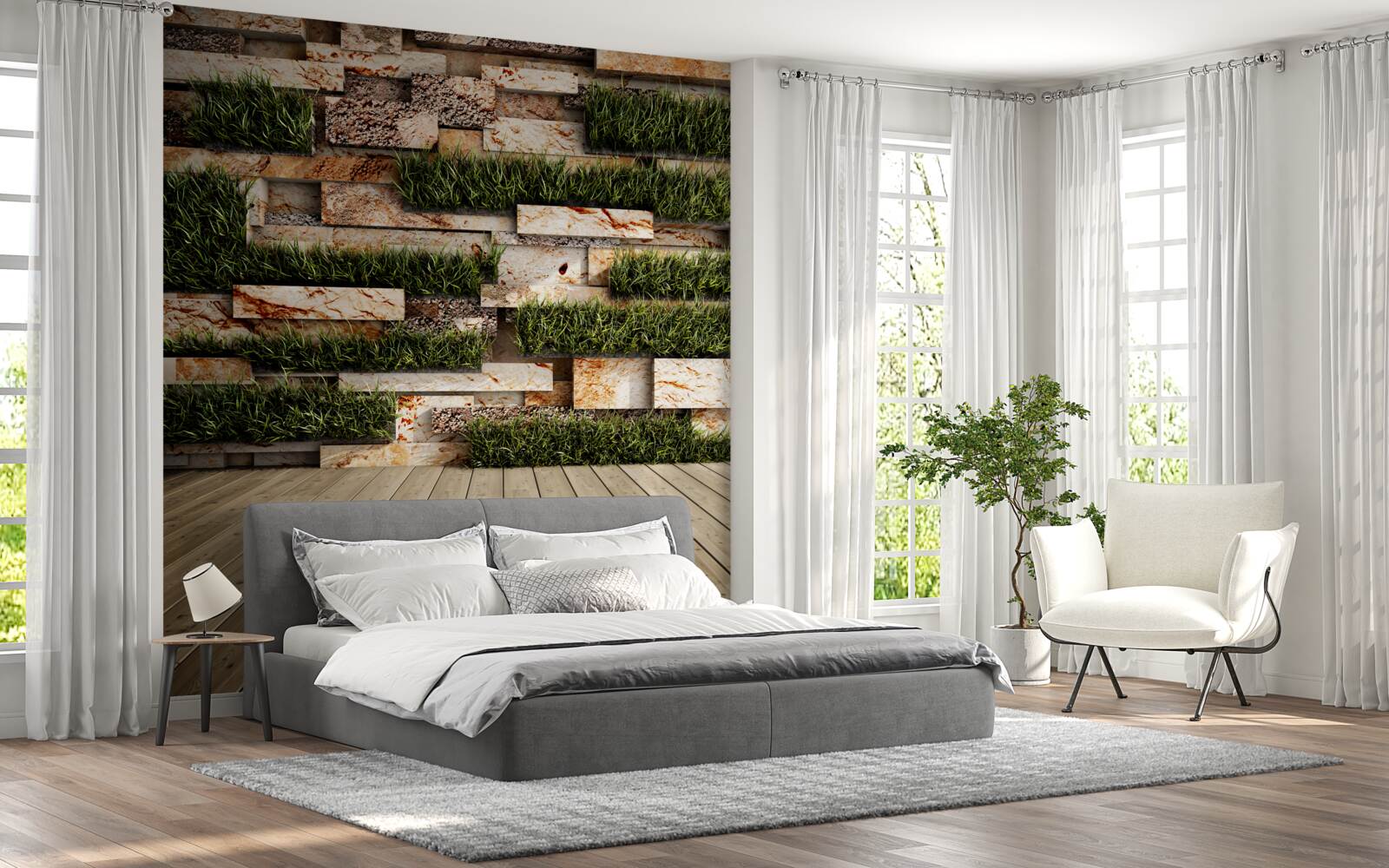 Фотошпалери кам'яна стіна, прикрашена зеленими рослинами