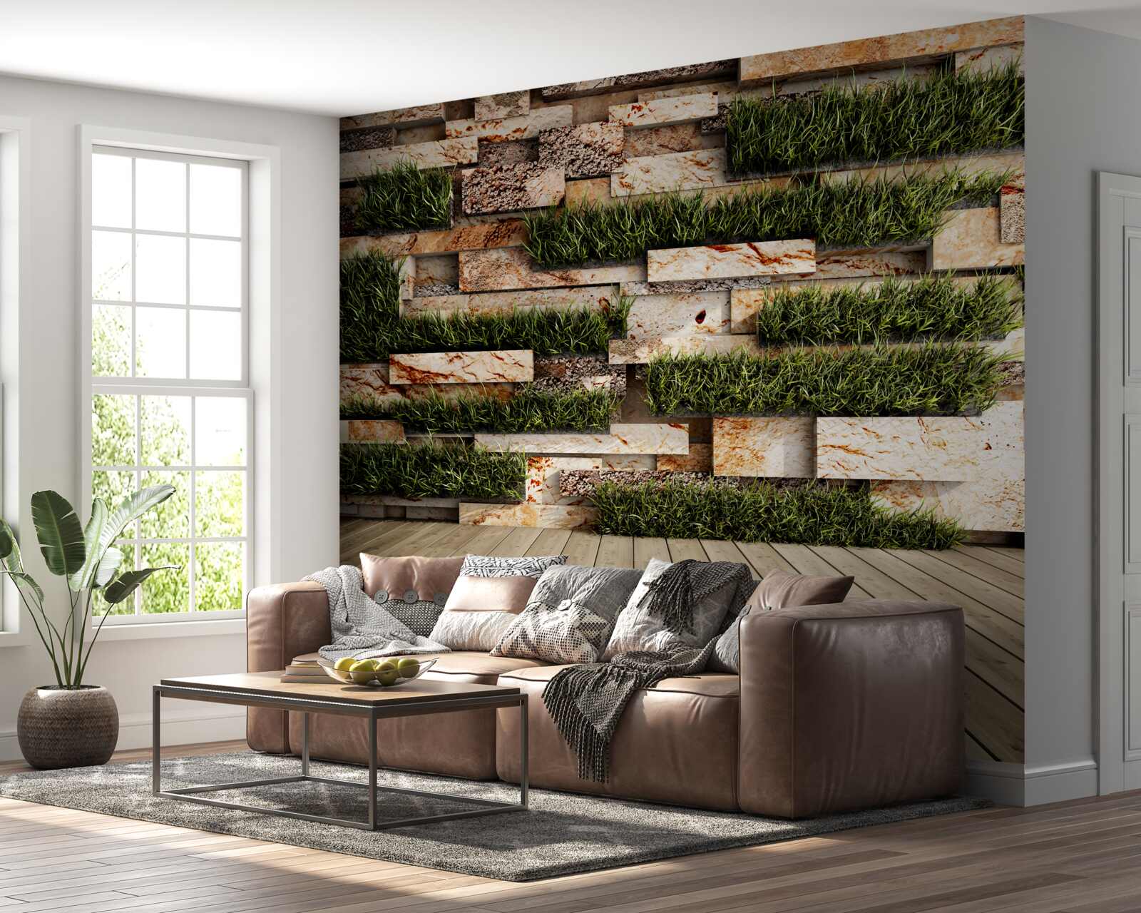 Фотошпалери кам'яна стіна, прикрашена зеленими рослинами