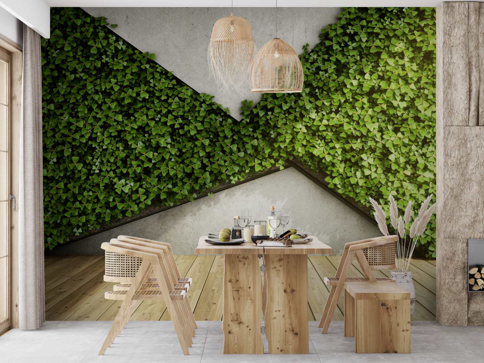 Фотошпалери паркетна підлога та стіни прикрашені живими рослинами