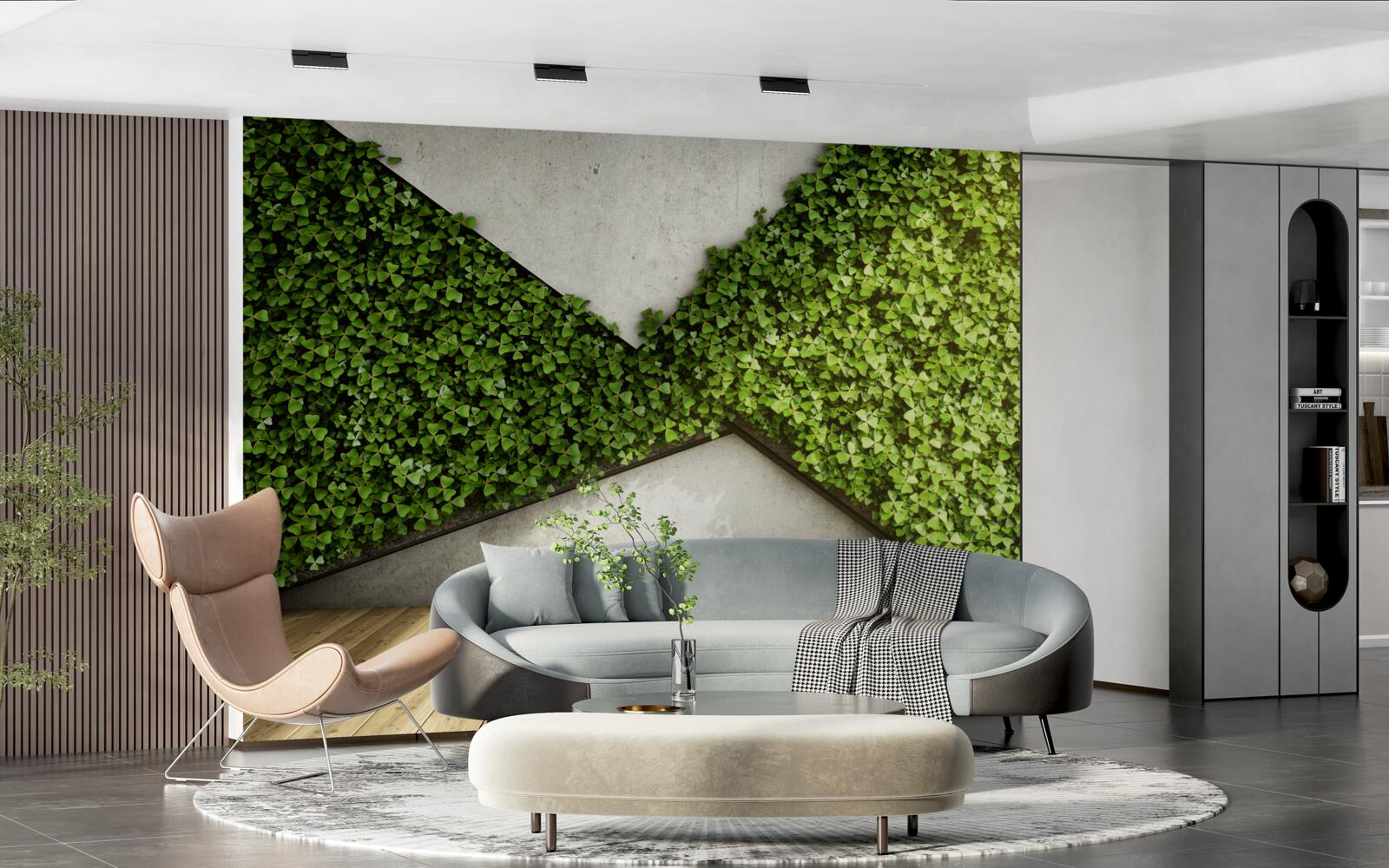 Фотошпалери паркетна підлога та стіни прикрашені живими рослинами