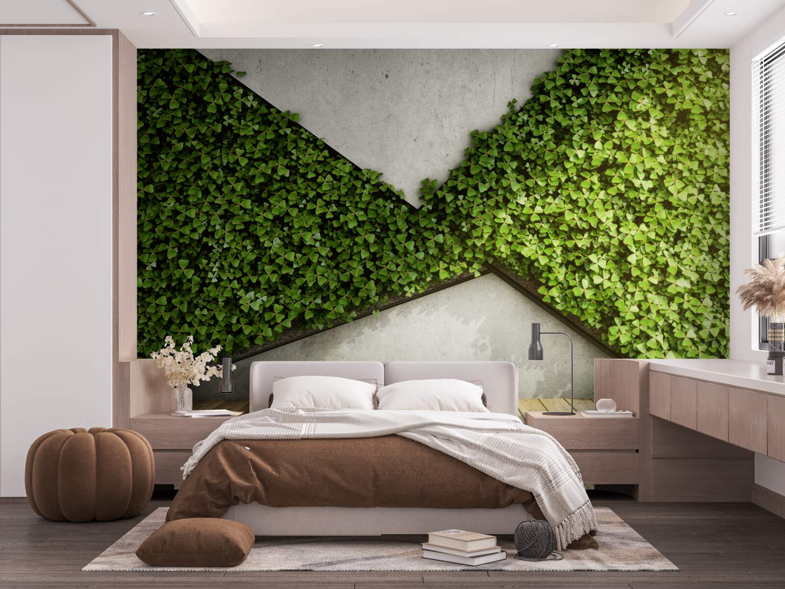Фотошпалери паркетна підлога та стіни прикрашені живими рослинами