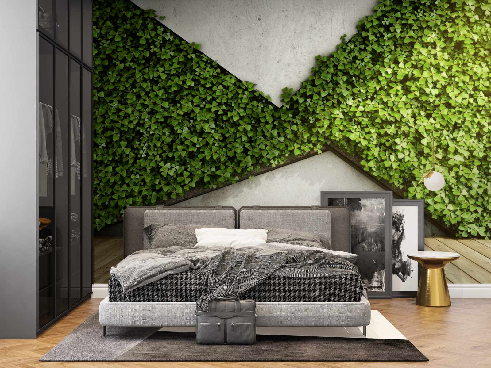 Фотошпалери паркетна підлога та стіни прикрашені живими рослинами