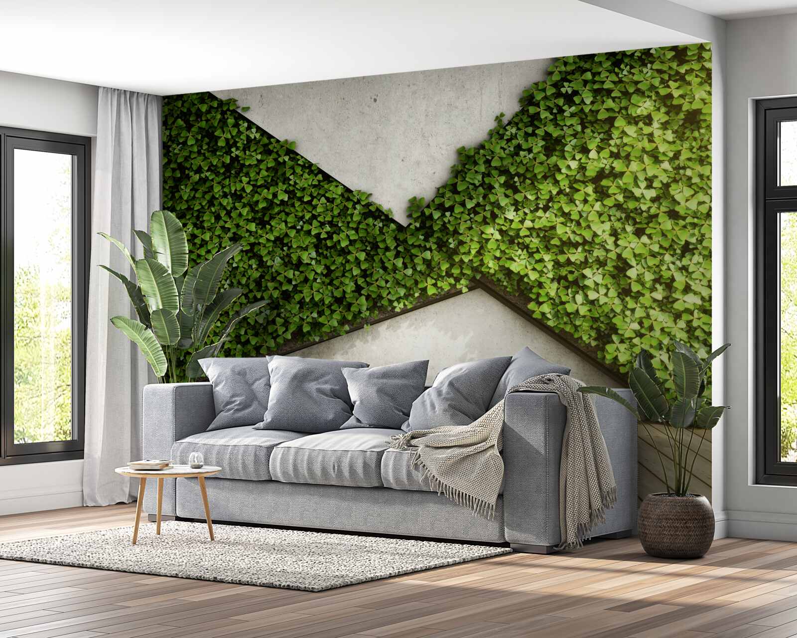 Фотошпалери паркетна підлога та стіни прикрашені живими рослинами