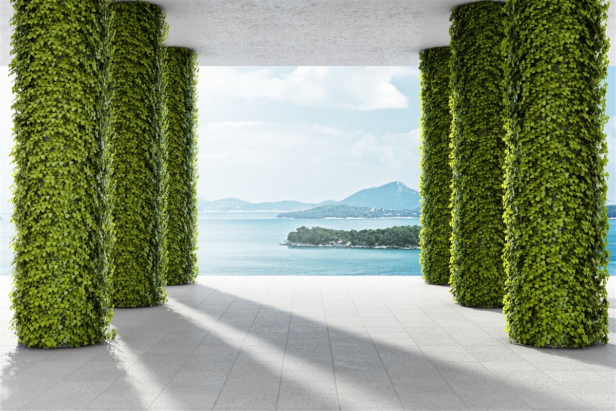 Фотошпалери колонада серед зелені, що веде до моря