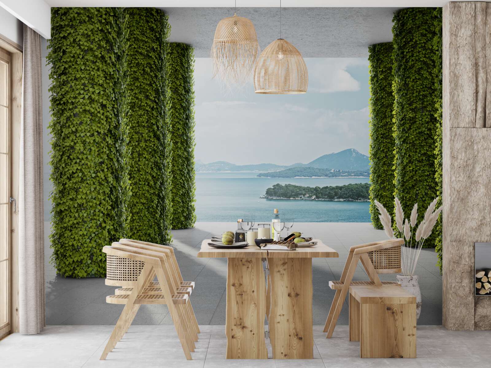 Фотошпалери колонада серед зелені, що веде до моря