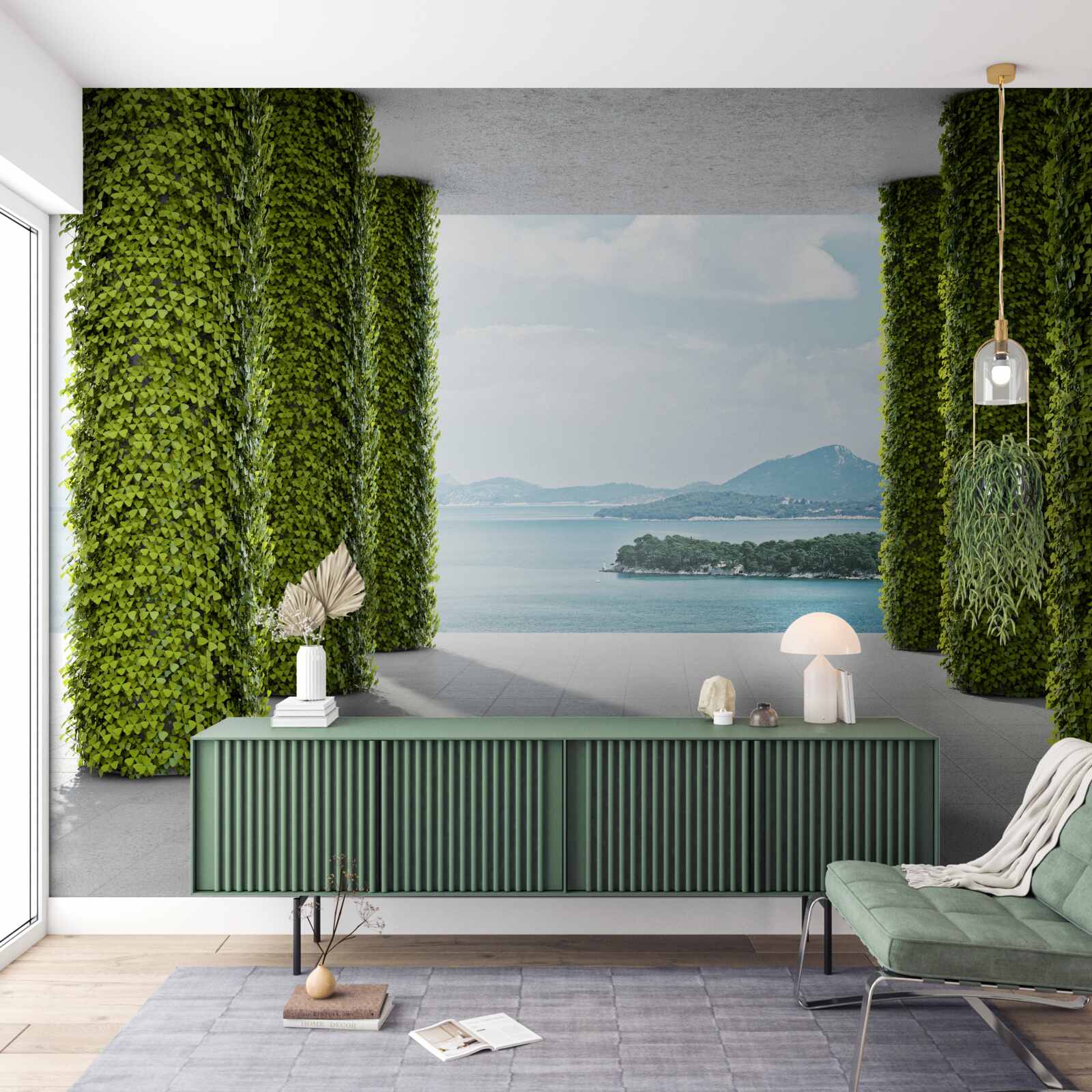 Фотошпалери колонада серед зелені, що веде до моря